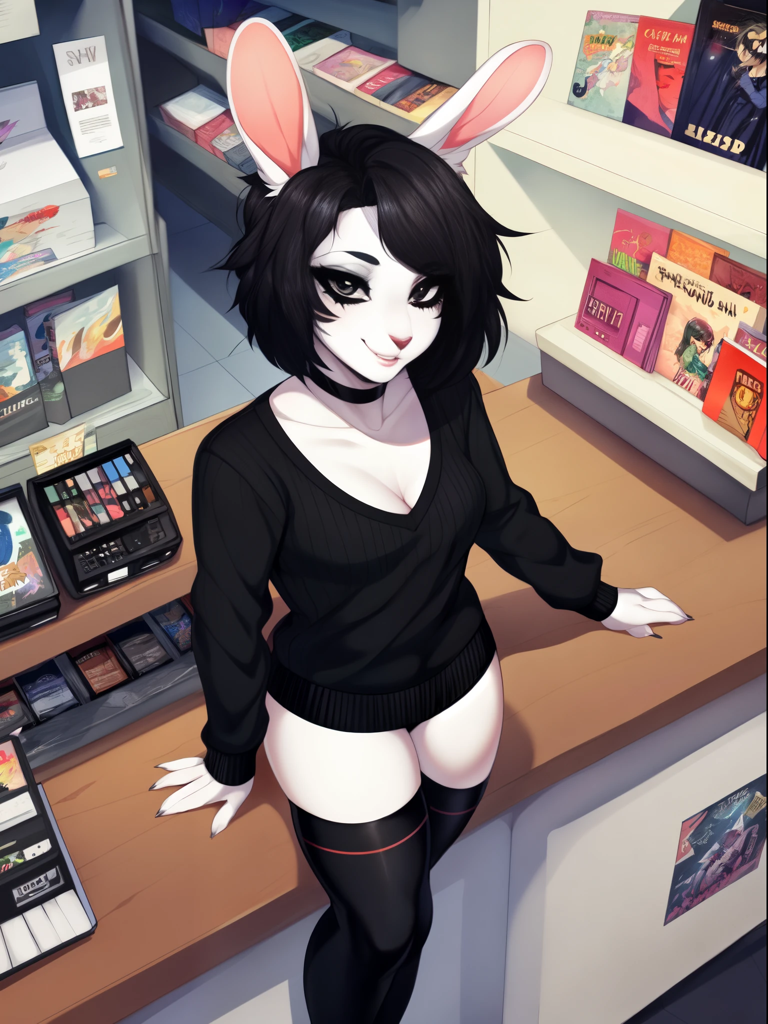 Solo:1.5, by fumiko, by hyattlen, by claweddrip, female, an all white lop rabbit, all white rabbit ears, black mascara, black make up, black eyes, small breasts, black short emo hair, full body shot, wearing black sweater, black shorts, black thigh high socks, black converse shoes, standing behind a counter with a cash register on it, leaning on counter, in a comic book store, smiling devilishly, front view