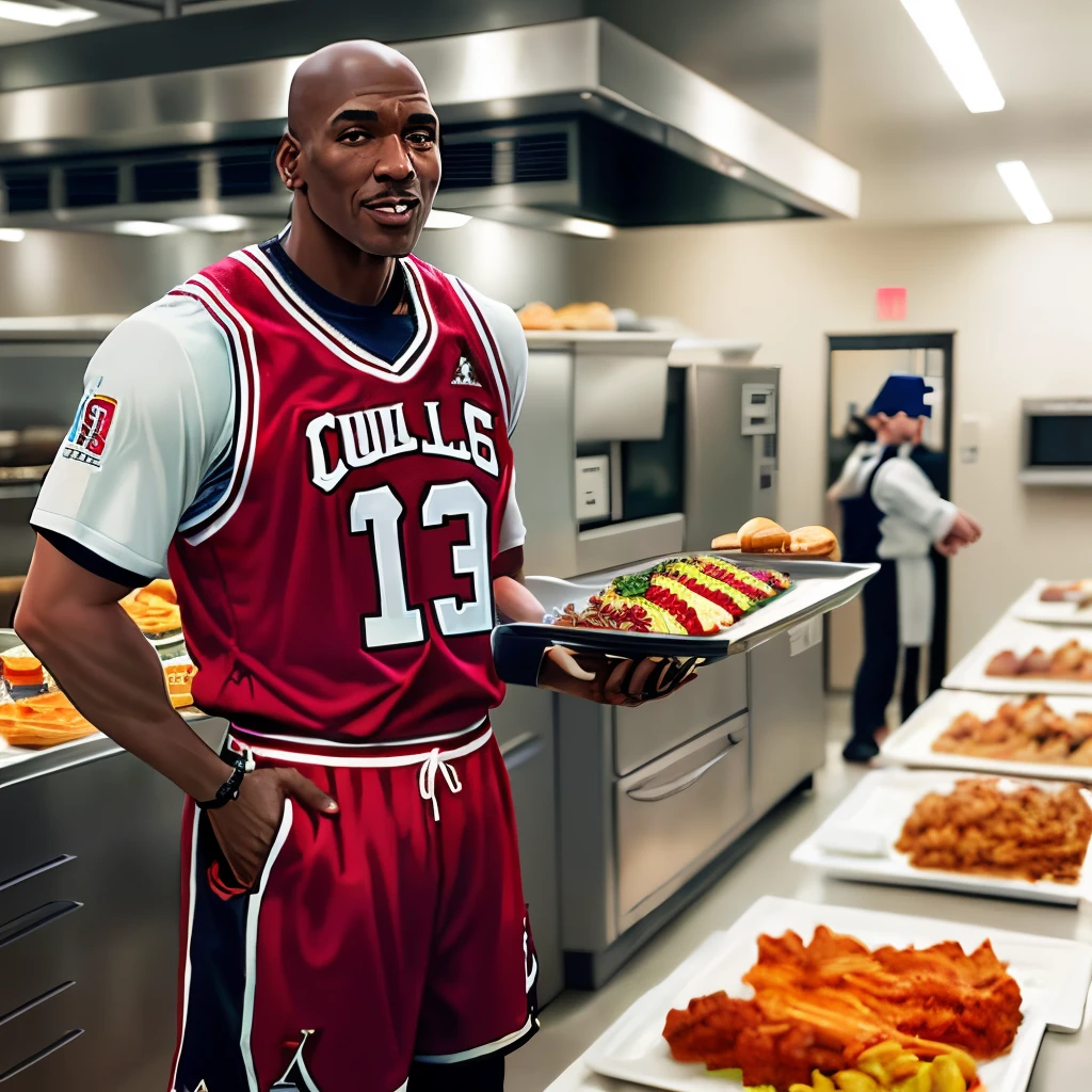 Michael Jordan is dressed as a chef. his outfit is red and black. he's standing in front of a table full of food. the background is a wall full of different jordan shoes & jerseys.