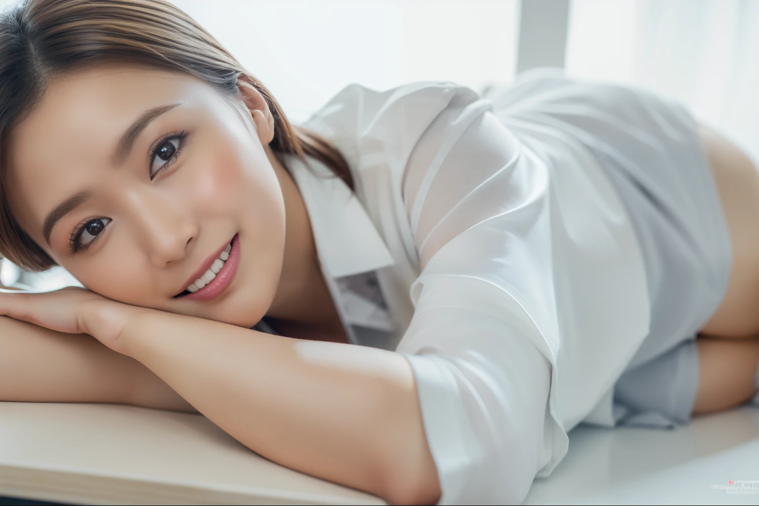 ((Best Quality, 8k, Masterpiecedetails, ultra-high resolution)), (looking at the viewer), (full shot:), attractive business 1 milf laying down on office, desk, a bit chubby:0.25, white collared shirt, grey skirt, (laying down on office desks)), smile, office of CEO,