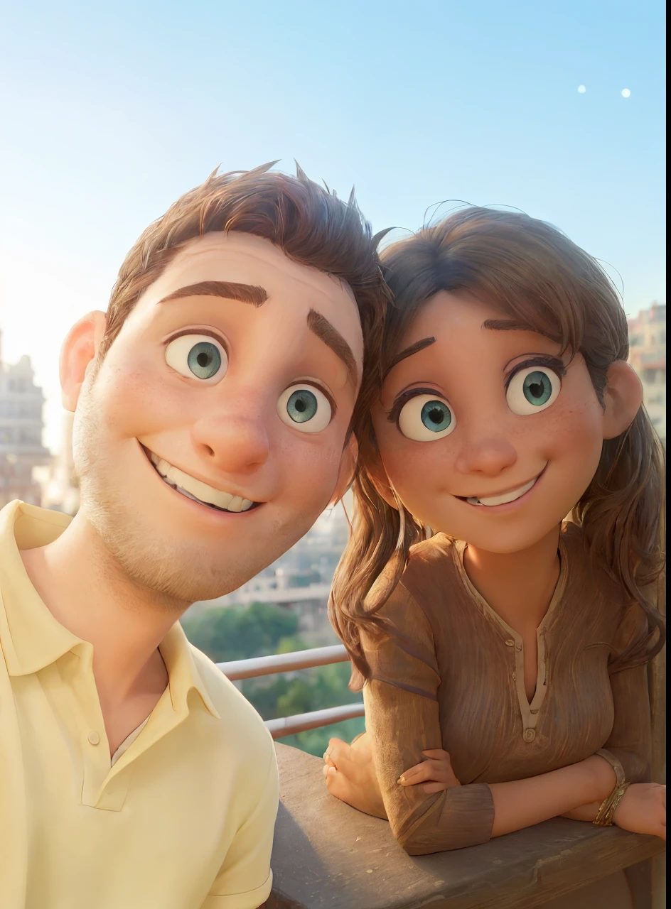 Arafed man and woman posing for a photo on a balcony., 30-year-old French woman with blue eyes and dark skin., 30-year-old man with white skin and light brown eyes., Thomas Danthony y Malika Favre, 8k selfie photograph, Pareja feliz, pareja sonriente, Foto de vacaciones, on a balcony, en una azotea, both smiling for the camera, por Romain brook, Jordan Grimmer y Natasha Tan
