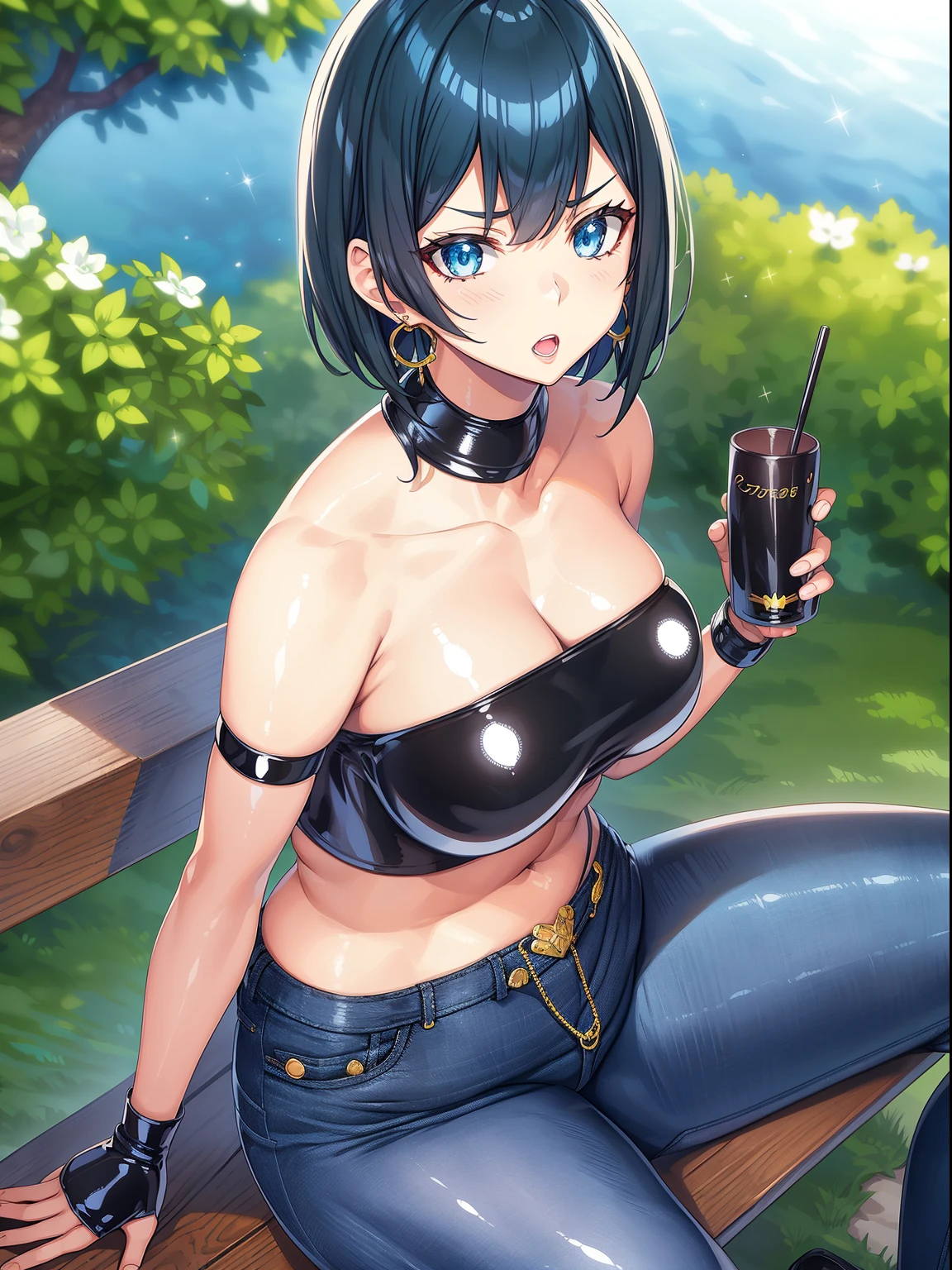 8K, hight resolution, ultra-detailliert, (masutepiece:1.4), Best Quality, Symmetrical body, (Black Latex Strapless Crop Top:1.4), (Jeans shorts:1.4), Choker, Cute, Solo, earrings, Short hair, Blue hair, Blue eyes, glow effect, finely eye, Detailed face, Looking at Viewer, Seductive face, In the park, sitting in a bench, angled view, Big breasts, Seductive look, Perfect fingers, Functional