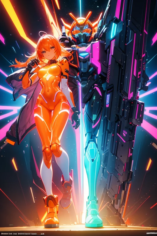 Close-up of toy figure in jacket and boots, neon armor, translucent neon skin, 8 k highly detailed , stylized neon, cyber suit, glowing neon skin, fluffy orange skin, with glow on some of its parts, Stylized anime, Personagem pequeno. Unreal Engine 5, brown tanned skin, 3 d render stylized