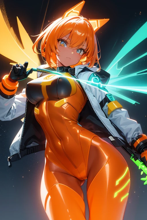 Close-up of toy figure in jacket and boots, neon armor, translucent neon skin, 8 k highly detailed ， stylized neon, cyber suit, glowing neon skin, fluffy orange skin, with glow on some of its parts, Stylized anime, Personagem pequeno. Unreal Engine 5, brown tanned skin, 3 d render stylized