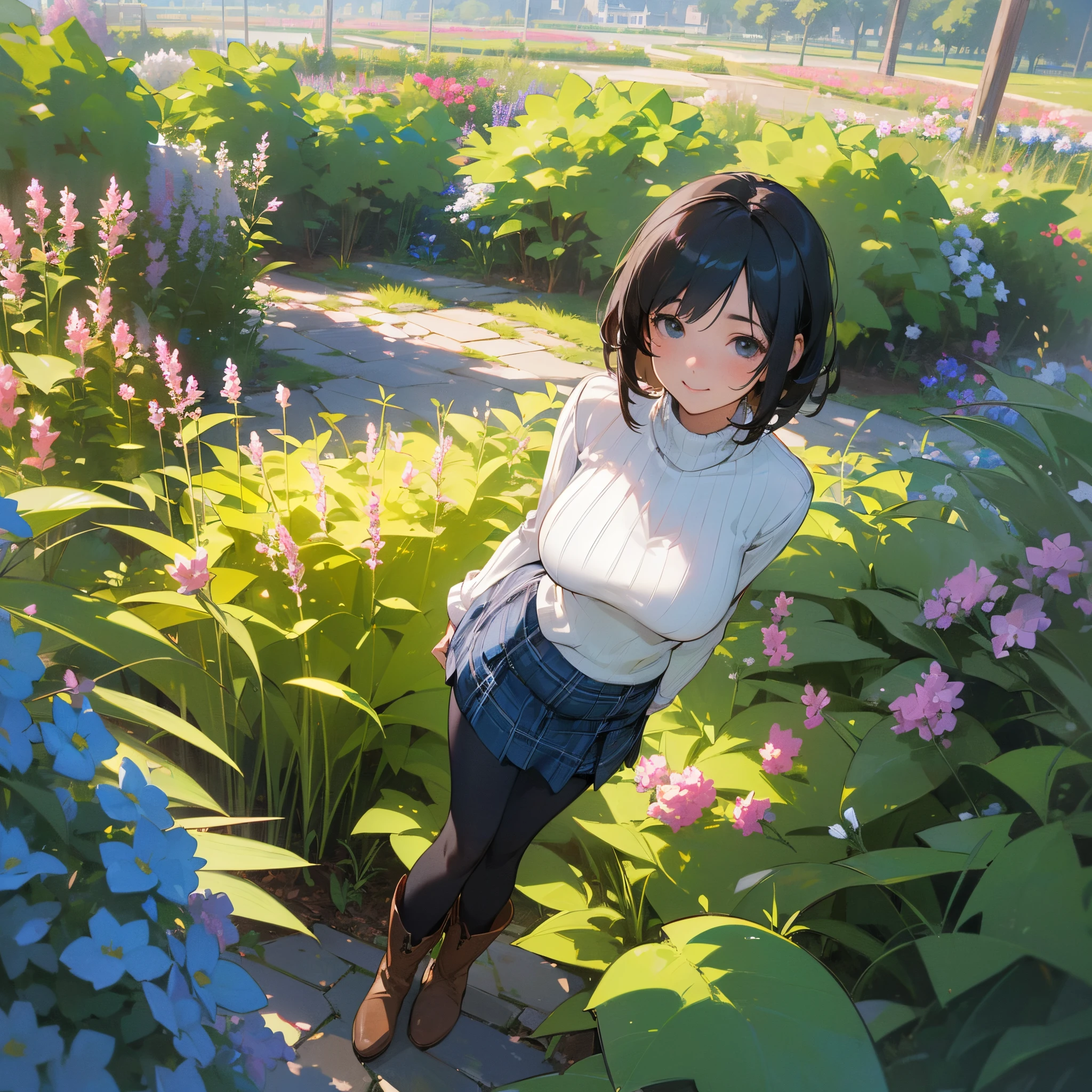 (High quality, High resolution, Ultra-detailed, Realistic:1.37), peaceful ambiance, (plein air, garden),  girl standing alone, (My breasts are big.), Beautiful detailed features, Cute smile, (Black bob hair), Ribbed sweater, blue plaid skirt, Black tights, Brown boots.