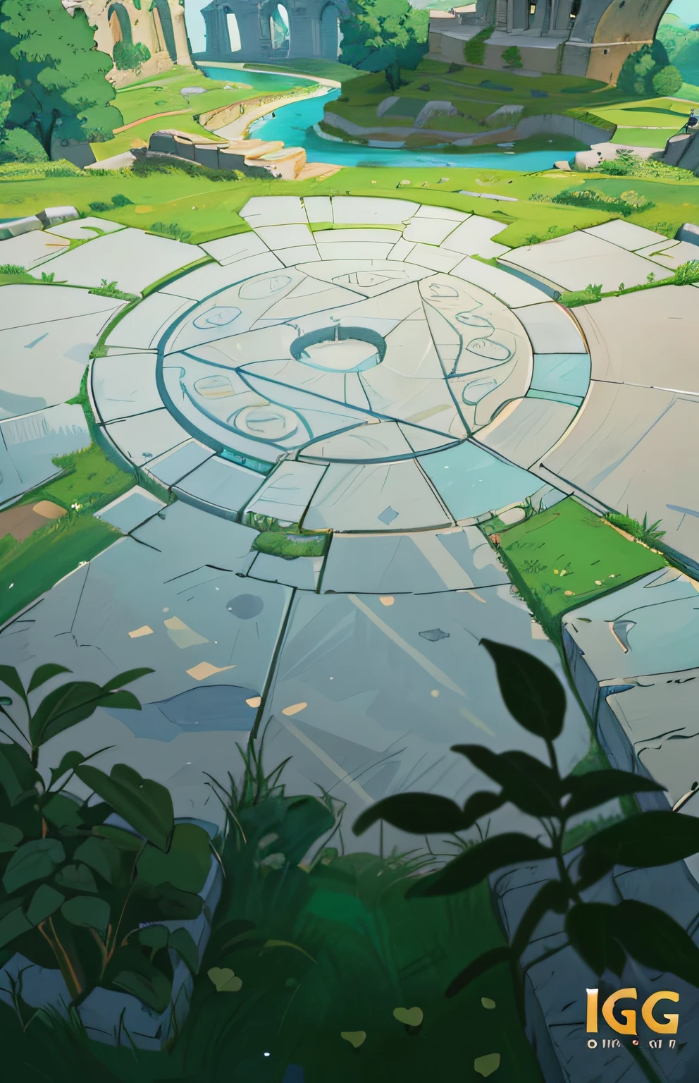 Cartoon scene of circular stone road with river in background, odin's stone arena background, arena background, arte de fundo, 8k hd wallpaperjpeg artifact, 8k hd wallpaperjpeg artifact, Depicted as game concept art, Riot Games Concept Art, In the center of the circular ruins, heartstone original art style, background artwork