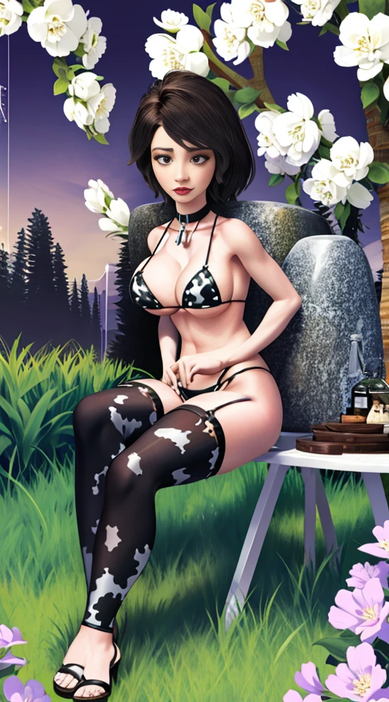 SFW Aunt Cass, sitting straight symmetrical, sitting on grass, full body, solo girl looking to the camera, cow bell choker, metal sandals, black and white bikini (cow pattern), black thigh highs, farm background