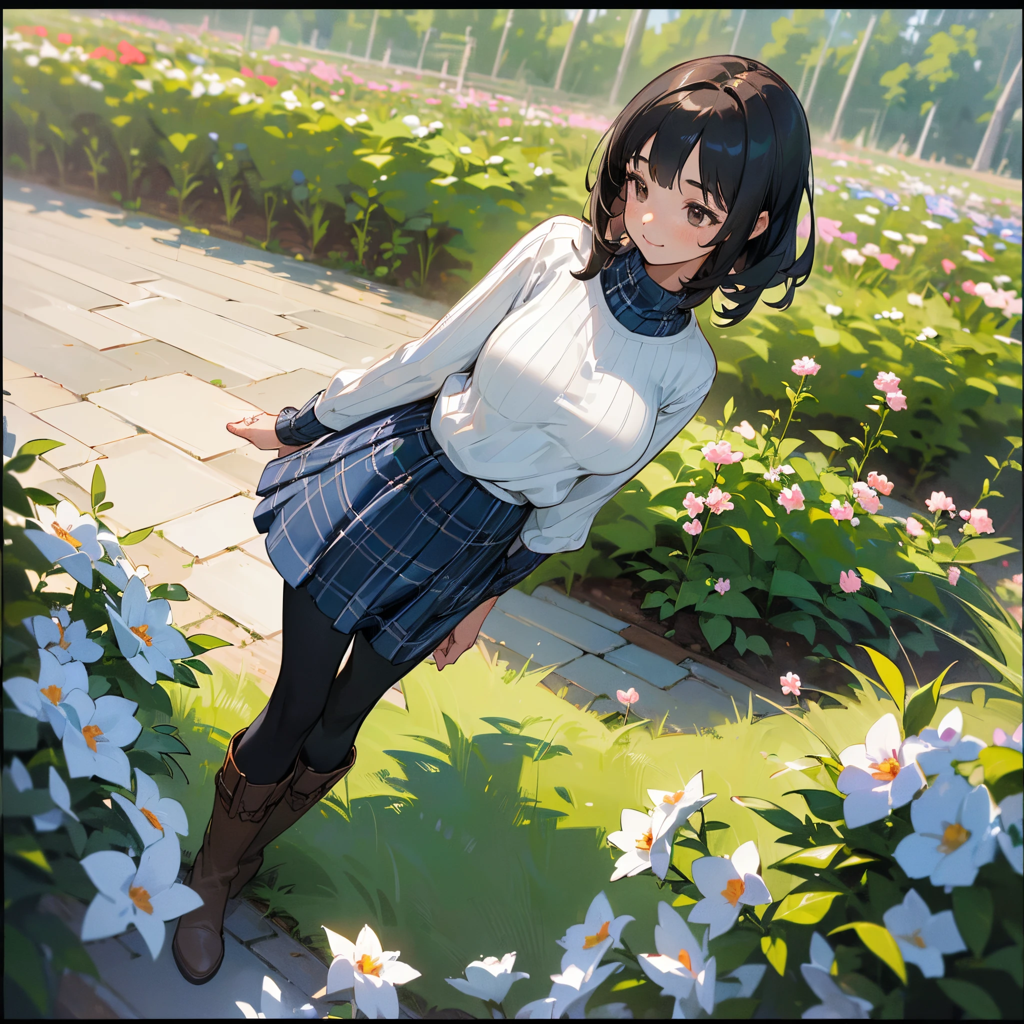(High quality, High resolution, Ultra-detailed, Realistic:1.37), peaceful ambiance, (plein air, garden), girl standing alone, (My breasts are big.), Beautiful detailed features, Cute smile, (Black bob hair), Ribbed sweater, blue plaid skirt, Black tights, Brown boots.