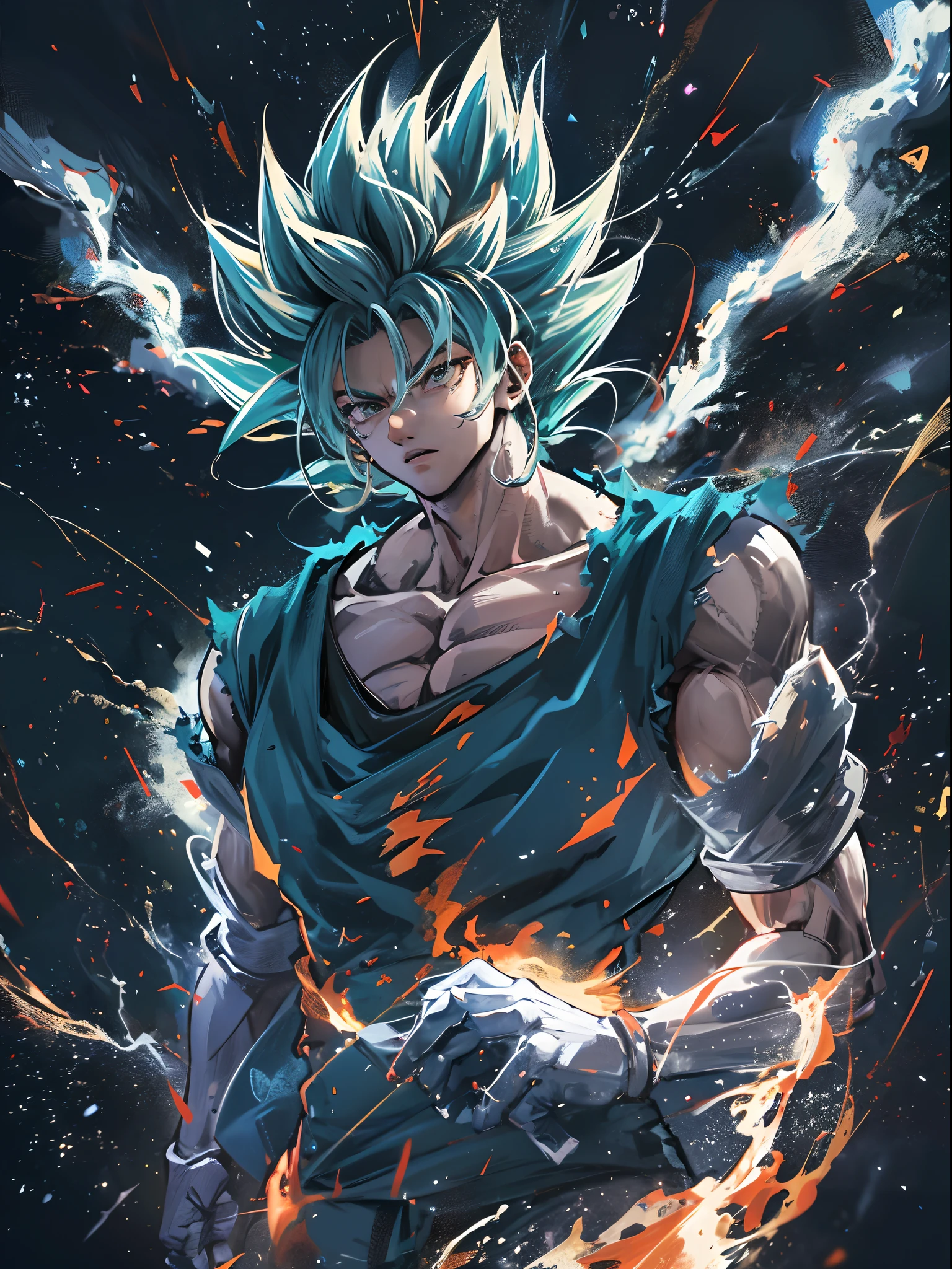 Imagem de GOKU SUPERIOR INSTINCT com cabelos brancos, Efeito preto e branco ao redor do corpo, Dark blue sky scenery with stars, imagem detalhada, ultra realistic, anime version, Explosions and cinematic effects