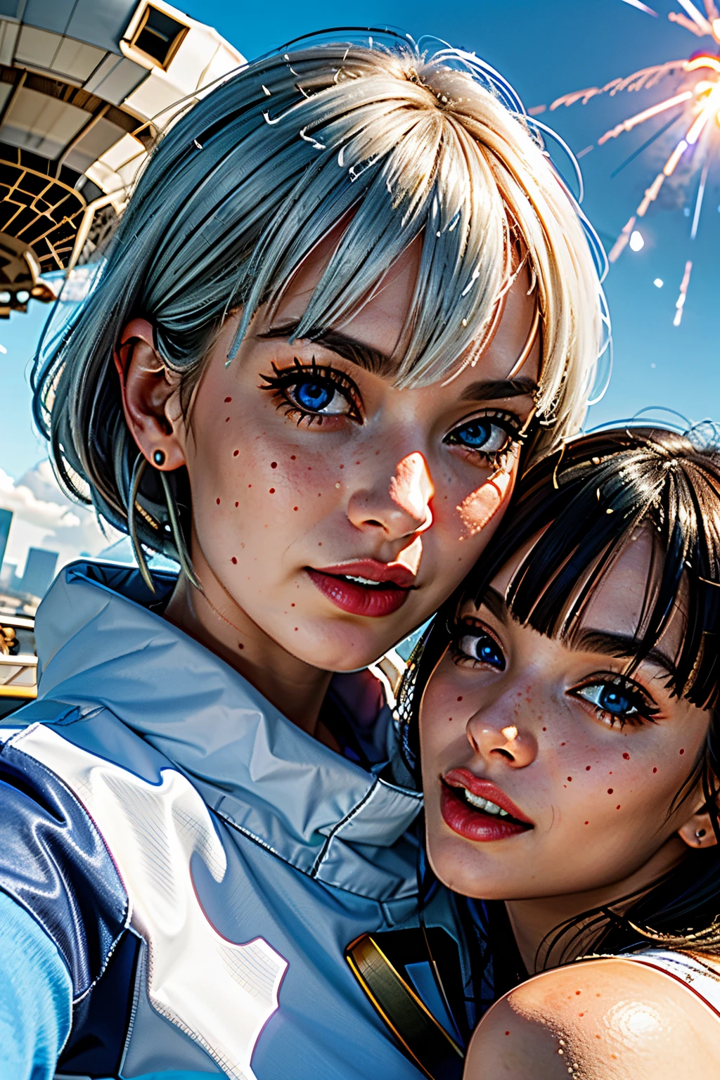 (tmasterpiece, best quality:1.2),(high_resolution:1.2),(ultra details:1.2),extreme quality,sharp focus,(bright colors:1.3), (((2 beautiful school girls taking face selfie instagram photo))), expression of surprise face, smile, scream,(white hair), (bangs:1.5), blue eyes,(shining eyes,highly detailed eyes),long eyelashes,thin eyebrows, (((point finger to blue sky background),(mothership UFO to destroy explosion the city))), standing on roof of the building,from below, from behind, face zoom up