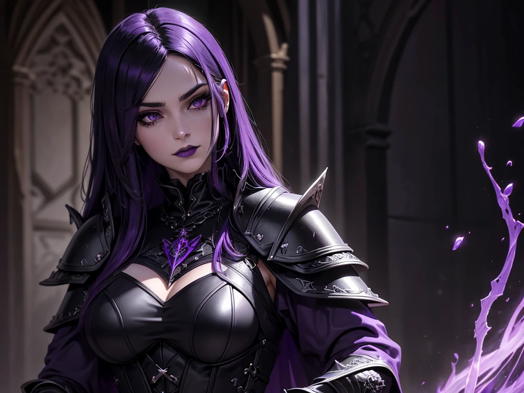 An adult vampire wizard character wearing a very detailed and beautiful gothic armor in black and purple color. Seu cabelo com corte em estilo curto, black lip color, cor roxa dos olhos;, manto, capuz, caminhando, 8k, Magnificent, Black and purple Gothic armor, capa