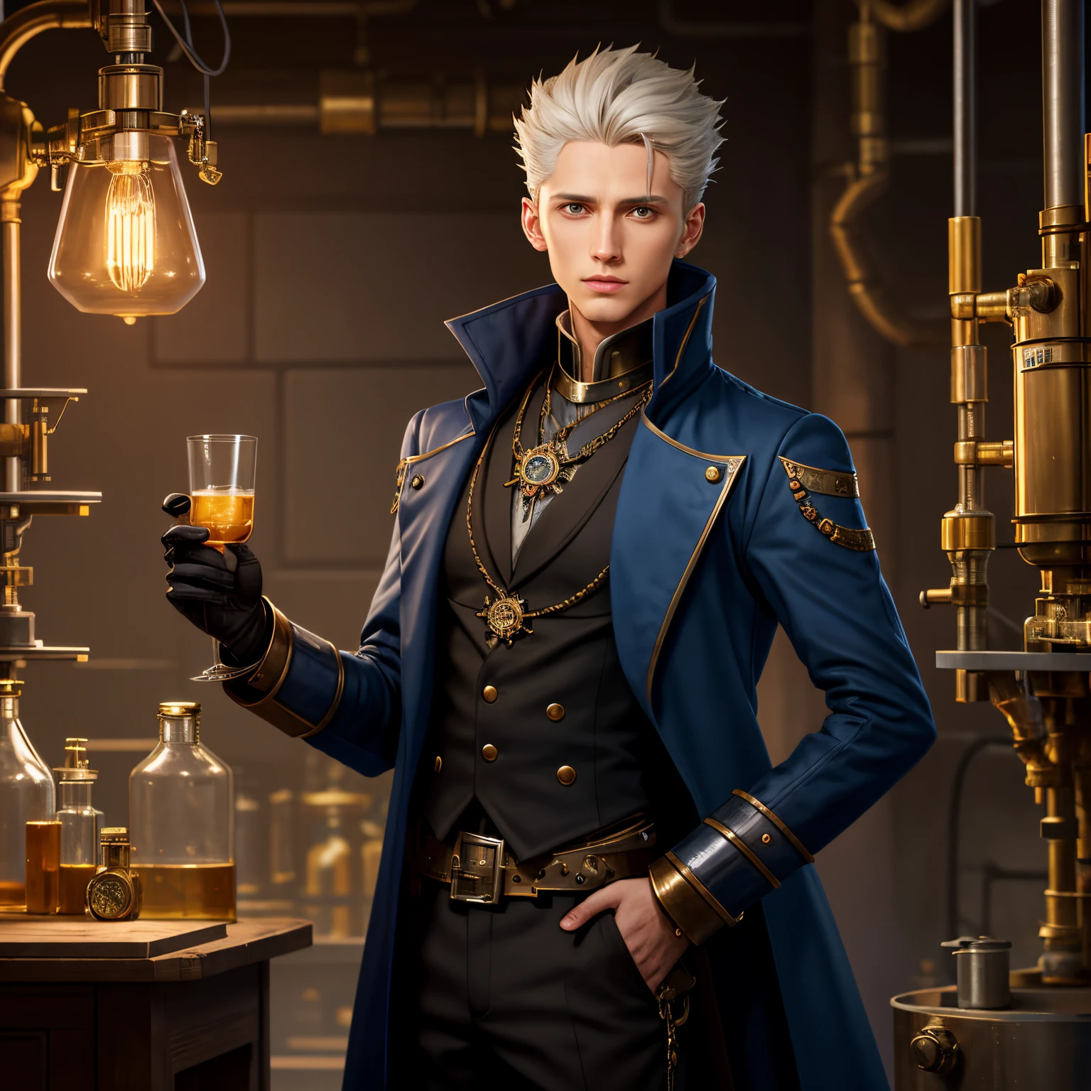 there is a man in a black coat standing in a laboratory, he is in a alchemist lab, thin young male alchemist, in a steampunk laboratory, thin male alchemist, fantasy alchemist laboratory, closeup portrait of an artificer, medieval alchemist in the dark, male artificer, vergil, skinny male fantasy scientist, steampunk male portrait, skinny male fantasy alchemist, Zombie man