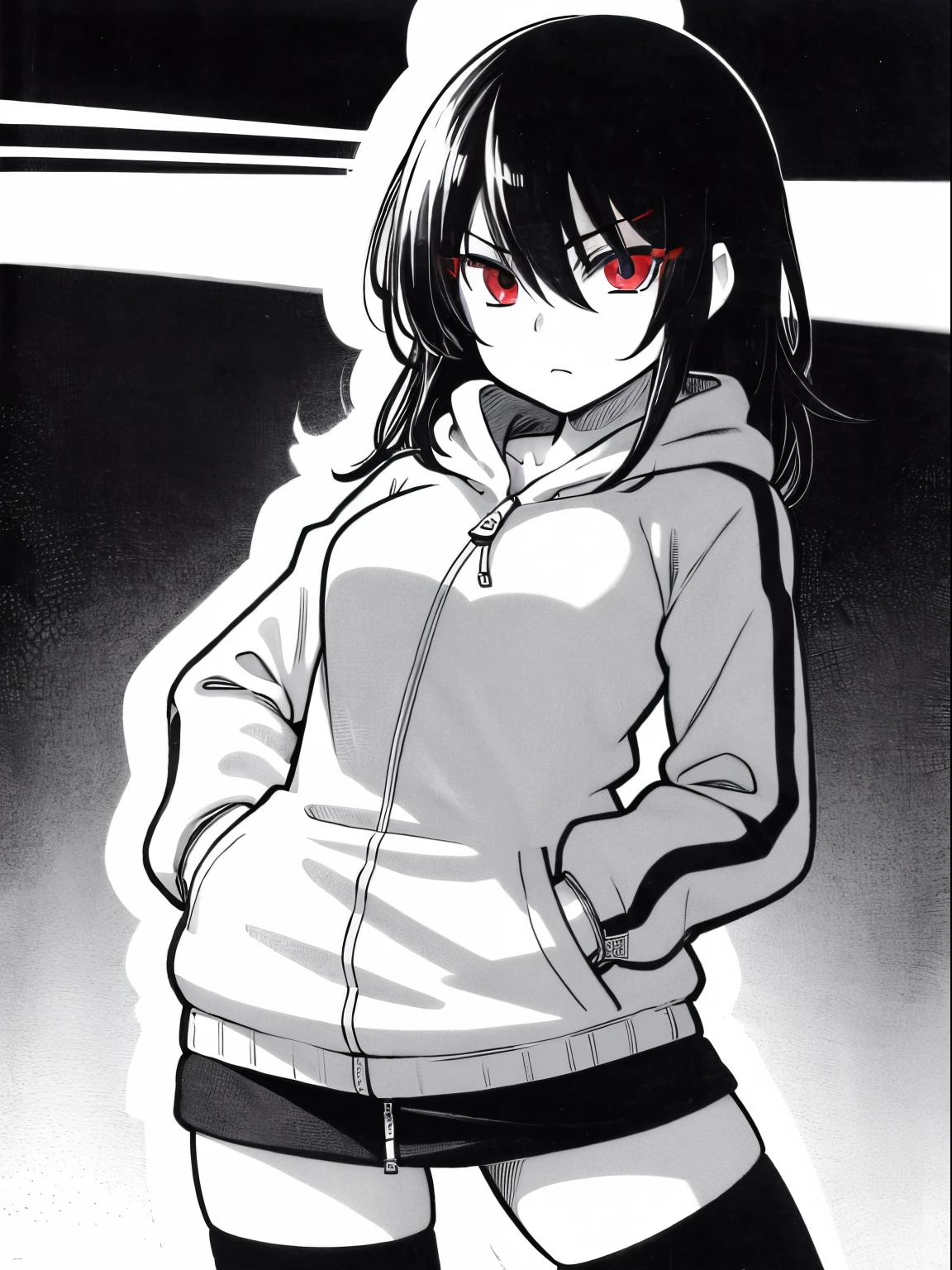 black legwear, 1 girl, red eyes, closed mouth, cowboy shot, expressionless, female focus, hands in pockets, hooded jacket, medium hair, black and white, manga draw