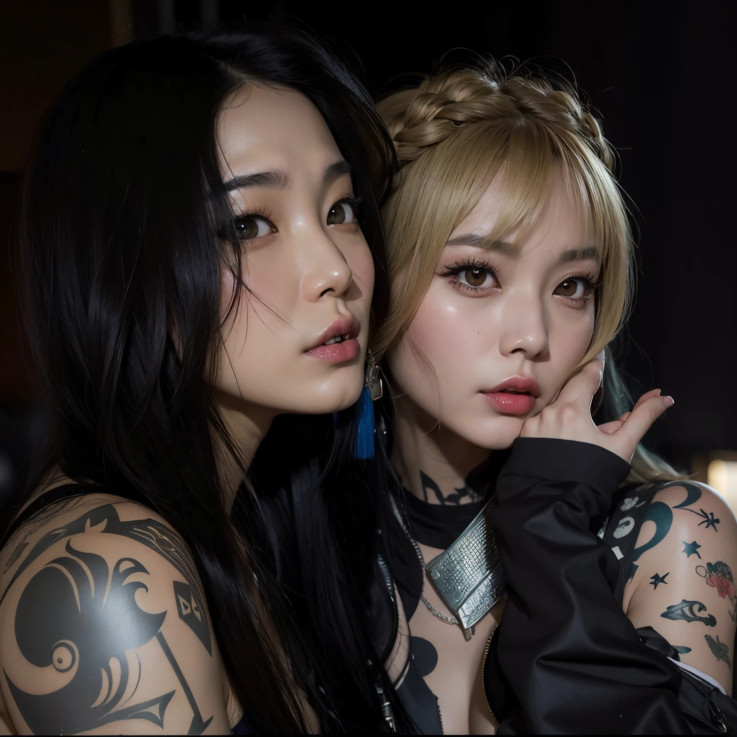 two Asian women with tattoos posing for a photo together, KDA e Sam Yang, Nixeu e Sakimichan, Ruan Jia e Artgerm, Loish e Ross Tran, inspirado em Wang Duo, Ayami Kojima e Lyde Caldwell, de menina taiwanesa com tatuagens, com hera, pixivs e junji ito