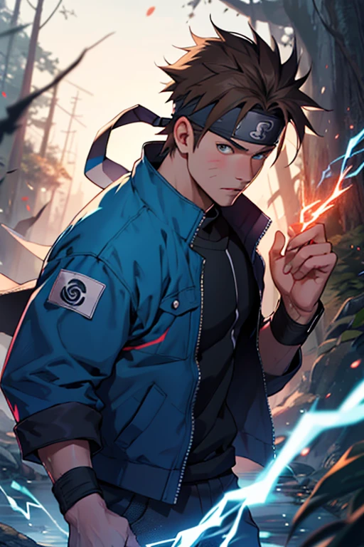 A European looking guy with messy straight brown hair, Handsome, High quality picture, With Naruto headband With beaver symbol, Blue jacket, 4K quality, In the nature, Electricity in one hand,