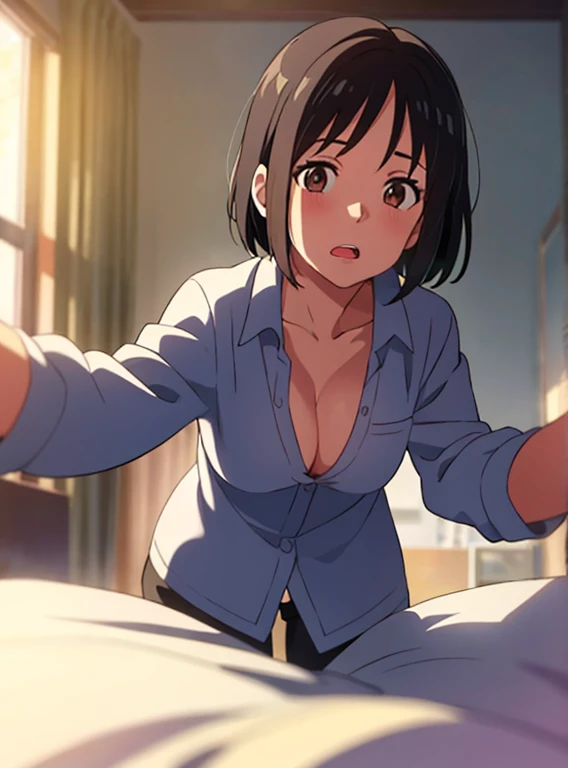 mitsuha, black hair,short hair, worried eyes, Open mouth, white long sleeve button, unbuttoned, cleavage, {{open arms for viewer}}, leaning forward, {{hug}}, open mouth, girl_on_bottom, lying on bed, bedsheet, pov, nsfw, medium chest, Brown eyes, POV,