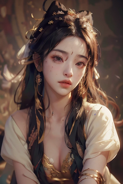 nsfw,(RAW photo, best quality),(realistic, photo-realistic:1.3),best quality,highly detailed,masterpiece,ultra-detailed,illustration,1girl,upper_body,dynamic angle,world masterpiece theater,messy_long_hair,best quality,extremely detailed CG unity 8k wallpaper,ink,Amazing,cinematic lighting,lens_flare,dunhuang_style,