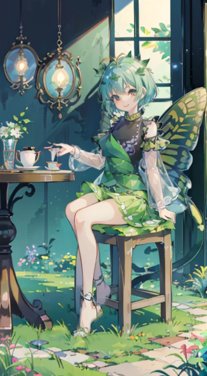 ((On the table, Best quality at best: 1.1), ((Anime girl in green skirt)), in an art nouveau style、goblin girl, Show on the, ((Aqua hair))、Short hair、((Shining jewel-like eyes with long transparent eyelashes))、Very beautiful girl, animemanga girl, ((bare-legged)), attractive cat girl, Inspired by Reiko Ikemura, Aya Takano color style, The art style of Queen of the Dragon King, butterflys, Aspiring character, Guang Huili、with smile,Sit Pose,feelers,wings,butterfly wings,short- sleeved,short skirt