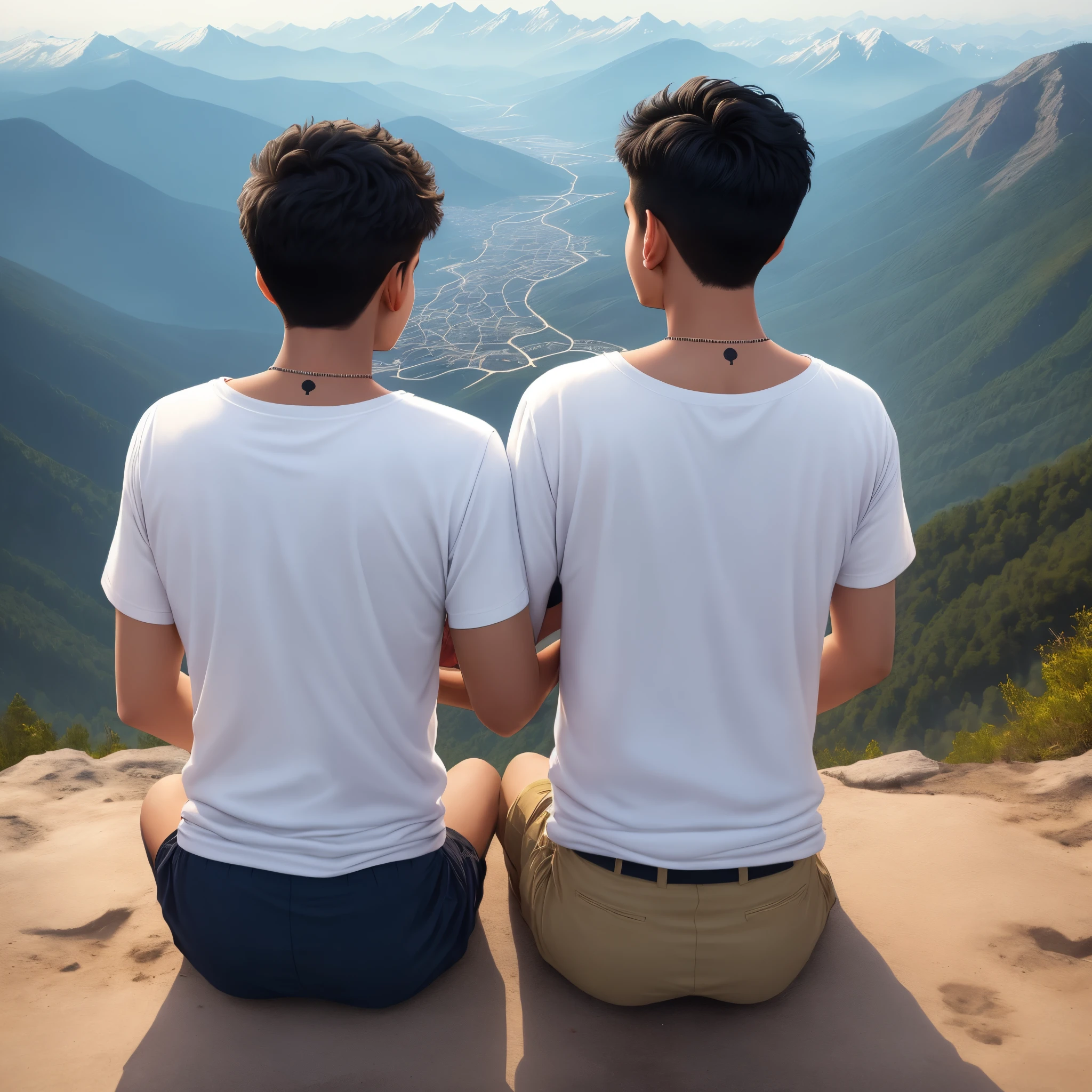 two boys sitting on the mountains there is a city under the mountains both of them have their hands on each other's shoulders . The boys are 18 years old.The first boy name is kaushal his name is written on the back of the T- shirt and second boy name is Nitin his name written on the back of the T-shirt