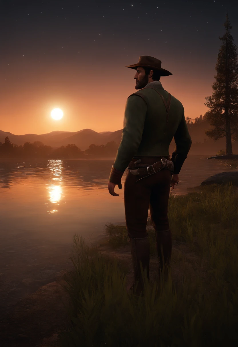 The image is of a star-filled night sky with a full moon shining brightly above a tranquil lake.,Red Dead Redemption 2,Arthur is a tall 36 year old human male with a stocky build. He is 6'3, weighing roughly 230lbs. He had light skin, green eyes, thick brown hair that is kept in a swept back style, and no visible scars aside from a small one on his chin., male