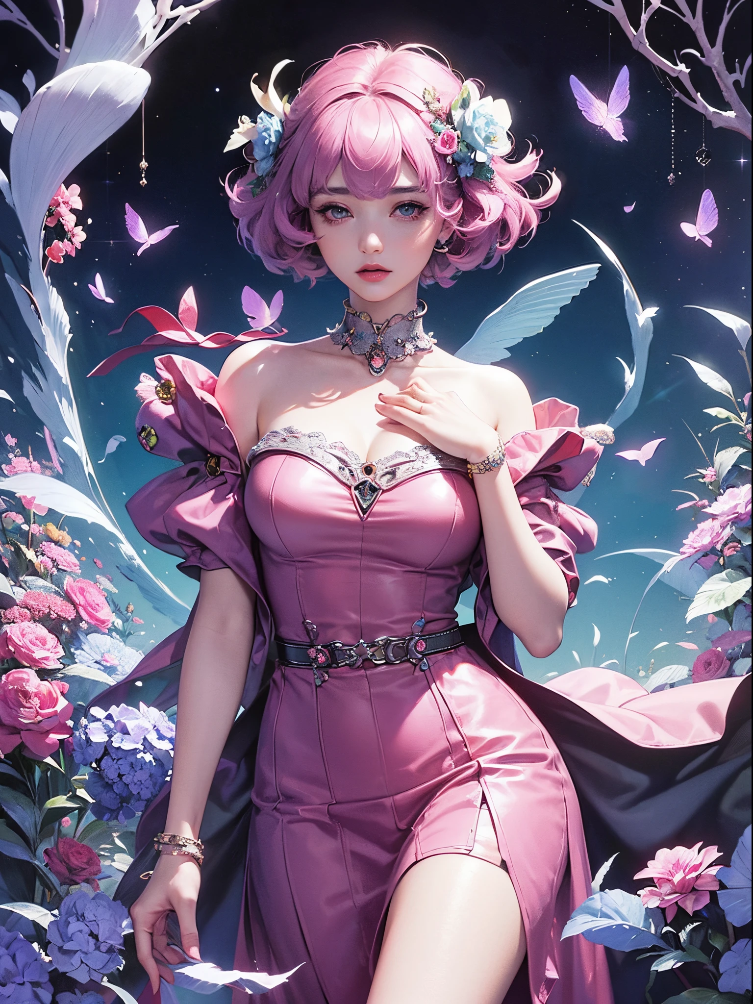 Butterfly motif、Magenta undertone、Vibrant colors、((​masterpiece)))、(((top-quality)))、((ultra-detailliert))、(A hyper-realistic)、(highly detailed CGillustration）、Official art、Florence at the beginning of the 20th century、Decadent、Madame Papillon、Cool Beauty、Masquerade、refinement、Elegance、Gorgeous、Colorful and detailed mask design、matchless beauty、Fans、gorgeous dress、jewely、Female Solo、Perfect Angle、perfect-composition