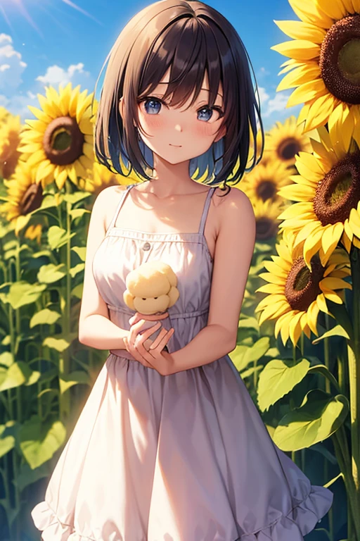 anime girl with short shoulder-length hair, wearing a summer dress, and seen holding a cute mochi against the background of a sunflower garden