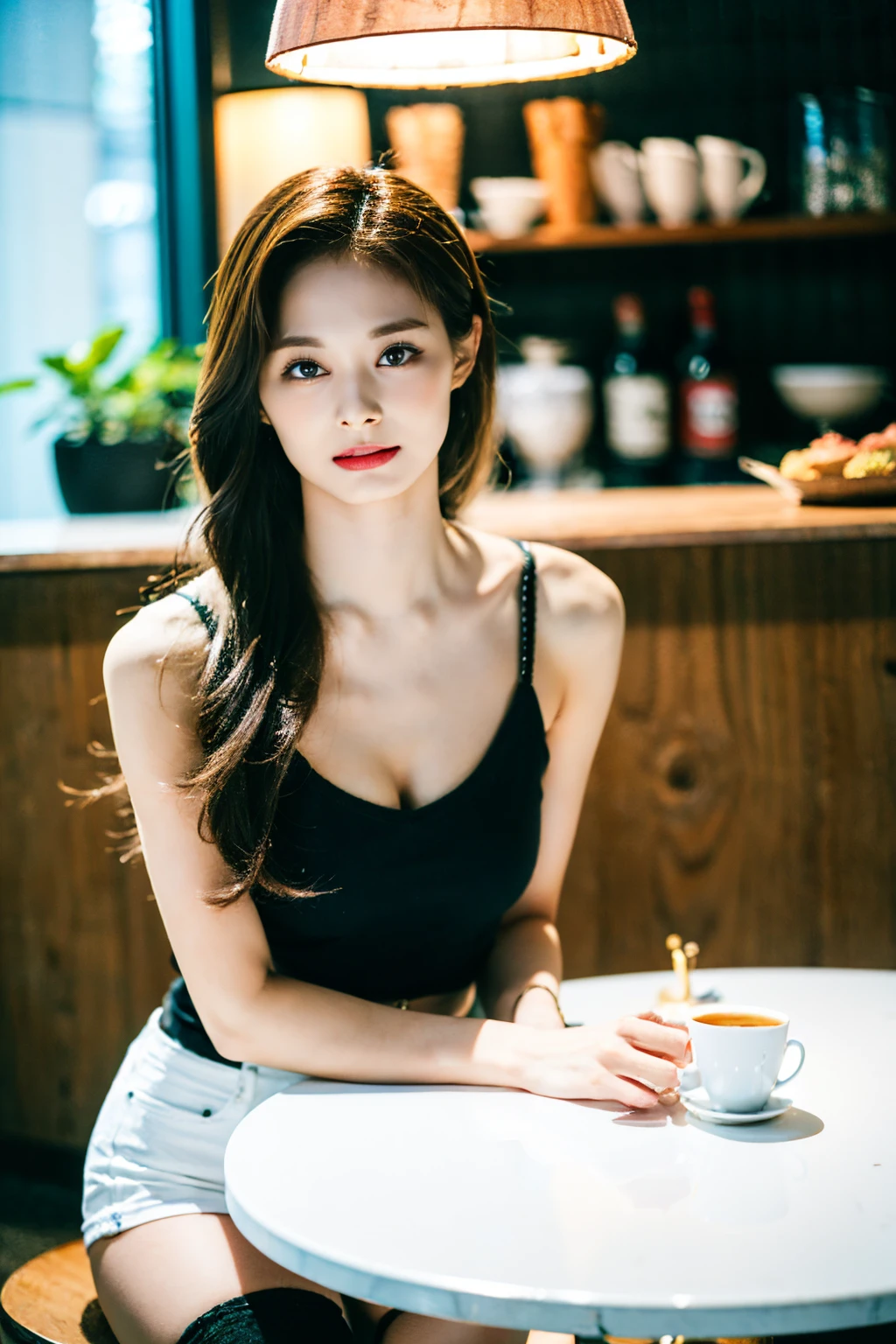 1 young girl with perfect figure, super fine face and eyes, long hair, white tank top: 1.2, short jeans, in a café, coffee on the table, (small breasts), (petite body), small body, exposed cleavage,(thigh highs:1.4), ((looking at viewer)), masterpiece, (8K, Reality, RAW photograph, best quality: 1.5), detailed, (realistic, high resolution:1.3),