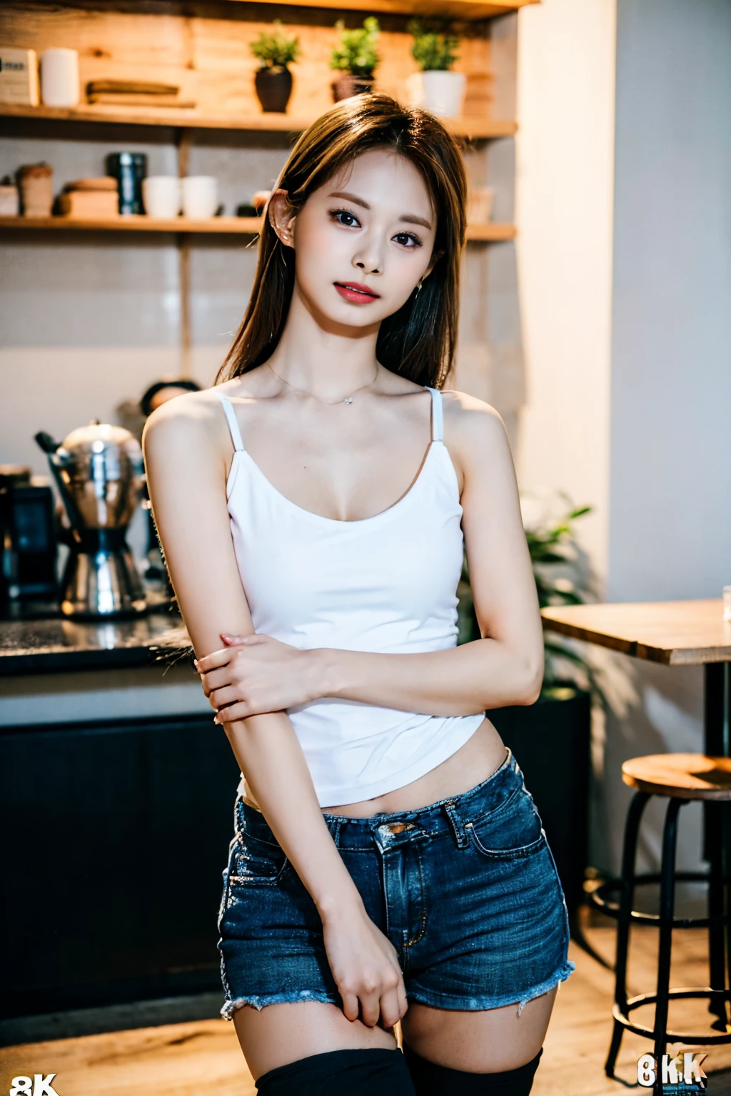 1 young girl with perfect figure, super fine face and eyes, long hair, white tank top: 1.2, denim shorts, in a café, coffee on the table, (small breasts), (petite body), small body, exposed cleavage,(thigh highs:1.4), ((looking at viewer)), masterpiece, (8K, Reality, RAW photograph, best quality: 1.5), detailed, (realistic, high resolution:1.3), sexy pose, sitting, (legs wide open, spread legs open), dynamic pose