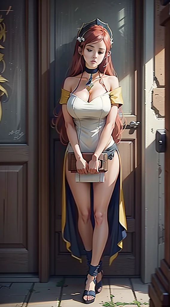 SLEEPING straight symmetrical, sleeping on bed, full body, solo girl looking to the camera, cow bell choker, metal sandals, anime girl with red hair and white dress holding a bouquet, beautiful celestial wizard milf female, beautiful character painting, extremely detailed artgerm, beautiful and elegant elf queen, wlop rossdraws, 8k high quality detailed art, fantasy art style, anime fantasy illustration, by Yang J, detailed fantasy art, fanart best artstation, wlop and rossdraws, big breast, red long hair