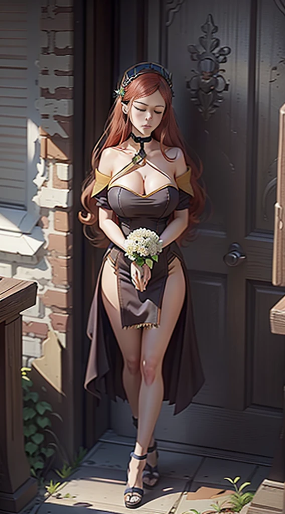 SLEEPING straight symmetrical, sleeping on bed, full body, solo girl looking to the camera, cow bell choker, metal sandals, anime girl with red hair and white dress holding a bouquet, beautiful celestial wizard milf female, beautiful character painting, extremely detailed artgerm, beautiful and elegant elf queen, wlop rossdraws, 8k high quality detailed art, fantasy art style, anime fantasy illustration, by Yang J, detailed fantasy art, fanart best artstation, wlop and rossdraws, big breast, red long hair