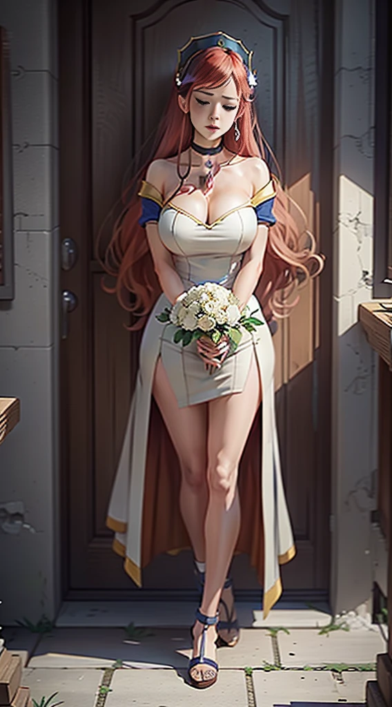 SLEEPING straight symmetrical, sleeping on bed, full body, solo girl looking to the camera, cow bell choker, metal sandals, anime girl with red hair and white dress holding a bouquet, beautiful celestial wizard milf female, beautiful character painting, extremely detailed artgerm, beautiful and elegant elf queen, wlop rossdraws, 8k high quality detailed art, fantasy art style, anime fantasy illustration, by Yang J, detailed fantasy art, fanart best artstation, wlop and rossdraws, big breast, red long hair