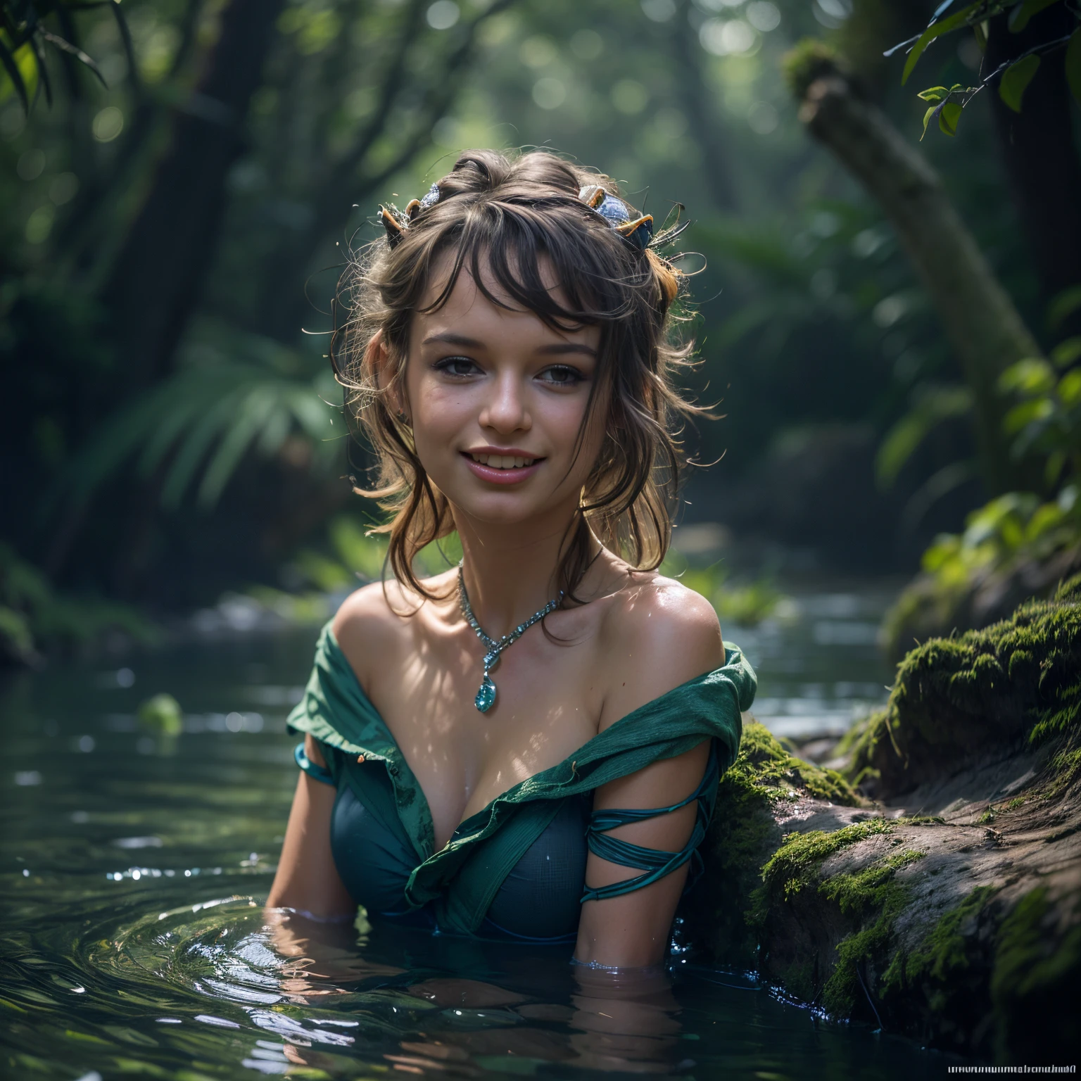 (Best quality, 8k, 32k, Masterpiece, UHD:1.2) water nymph welcomes you to her private lagoon, deep in the woods, jewelry, clothed, sfw, central europe, closeup, smile, renatadaninsky