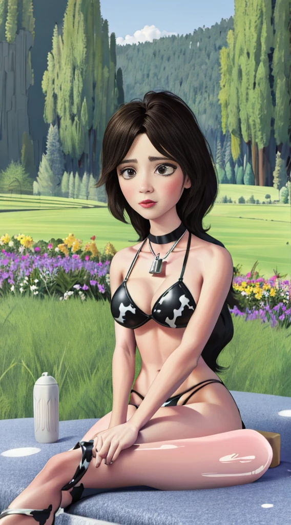 SFW Aunt Cass, sitting straight symmetrical, sitting on grass, full body, solo girl looking to the camera, cow bell choker, metal sandals, black and white bikini (cow pattern), black thigh highs, farm background