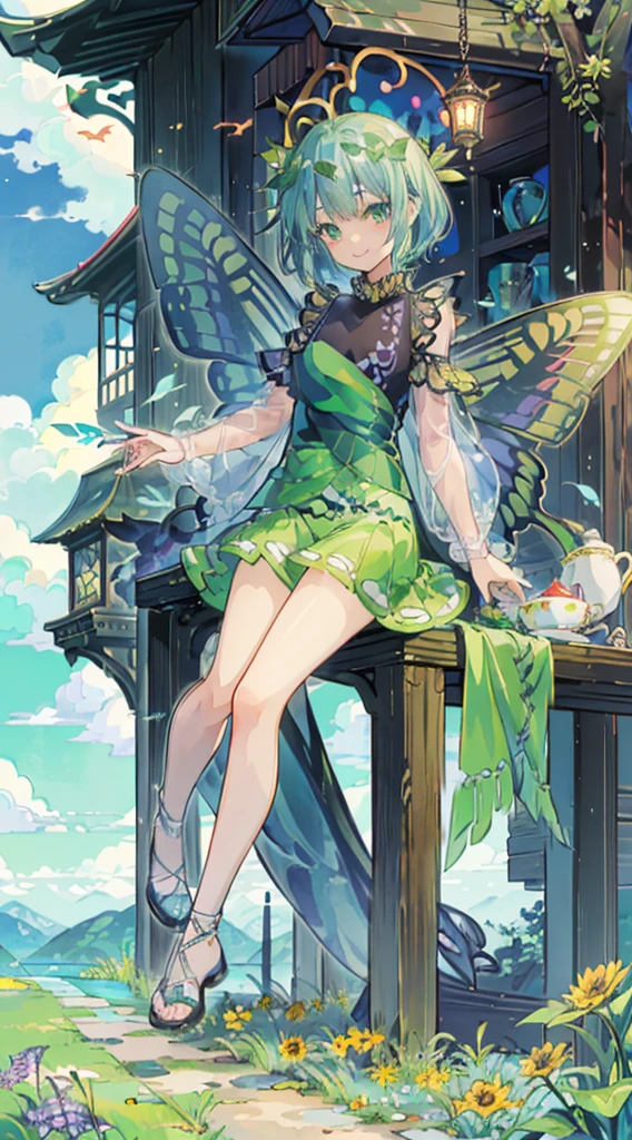 ((On a table, Best quality: 1.1), ((Anime girl in green skirt)), in an art nouveau style、goblin girl, show on, ((Aqua hair))、short detailed hair、((Shining jewel-like eyes and long transparent eyelashes))、Very beautiful girl, Anime manga girl, ((Bareleged)), attractive cat girl, Inspired by Reiko Ikemura, Aya Takano color style, Dragon Queen's art style, butterflys, ambitious character, Guang Huili、with smile,Sit Pose,feelers,wings,butterfly wings,short- sleeved,short skirt,k hd,sun flower background,with blue sky and white clouds,forest backgrou
