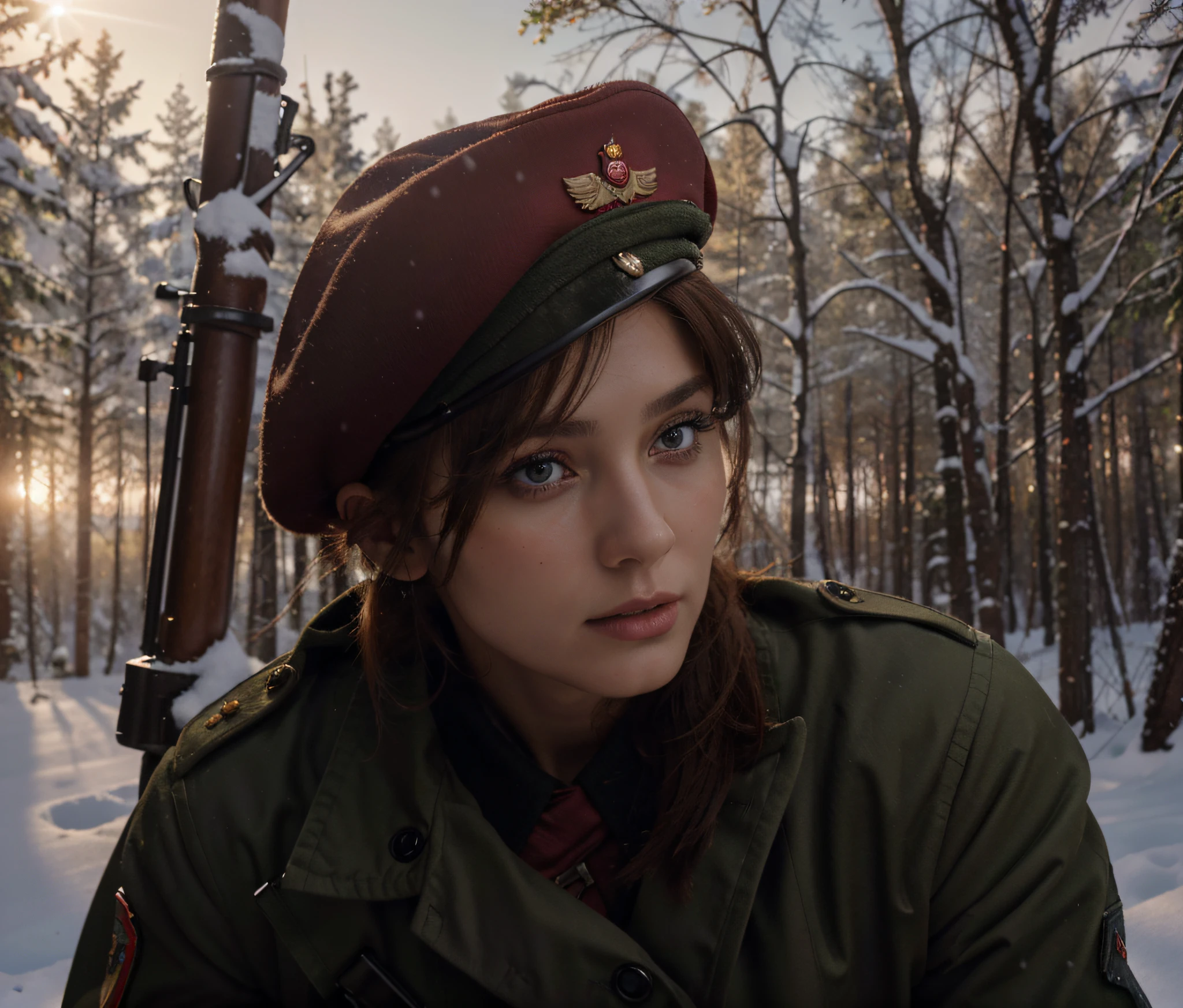 Beautiful Soviet female soldier, cara polaca, Red-brown hair, boina militar con escudo polaco, manos enguantadas, brown uniform with dark red details, lleva una ametralladora, belt with ammunition and transmitter, Botas militares, se encuentra en un bosque polaco, dia nevado, cielo rojo, 4k, Imagen ultra detallada, realista, Altamente detallado, perfect composition, splendid, Intrincadamente detallado, Incredibly detailed, 8 k artistic photography, hiper detallado, Obra maestra, Ultra detallado, hiperrealista, 4k, Imagen ultra detallada, realista, Altamente detallado, perfect composition, splendid, Intrincadamente detallado, Incredibly detailed, 8K fine art photography, hiper detallado, Obra maestra