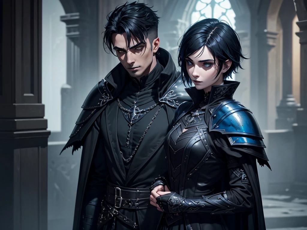 An adult vampire wizard character wearing a very detailed and beautiful gothic armor in black and blue color. His hair cut in a short style, black lip color, cor roxa dos olhos;, manto, capuz, caminhando, 8k, Magnificent, Black and blue gothic armor, capa