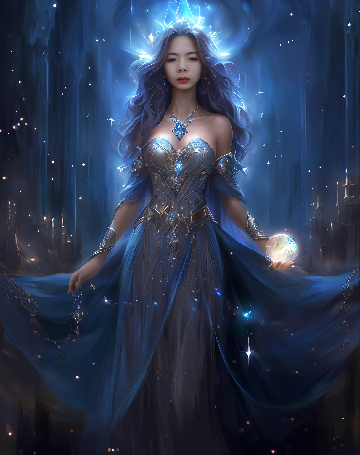 a woman in a blue dress holding a crystal ball, beautiful fantasy art, very beautiful fantasy art, fantasy woman, beautiful sorceress, fantasy art style, beautiful celestial mage, 4k fantasy art, detailed fantasy art, a beautiful sorceress, breathtaking fantasy art, neoartcore and charlie bowater, fantasy style art, fantasy art behance --auto