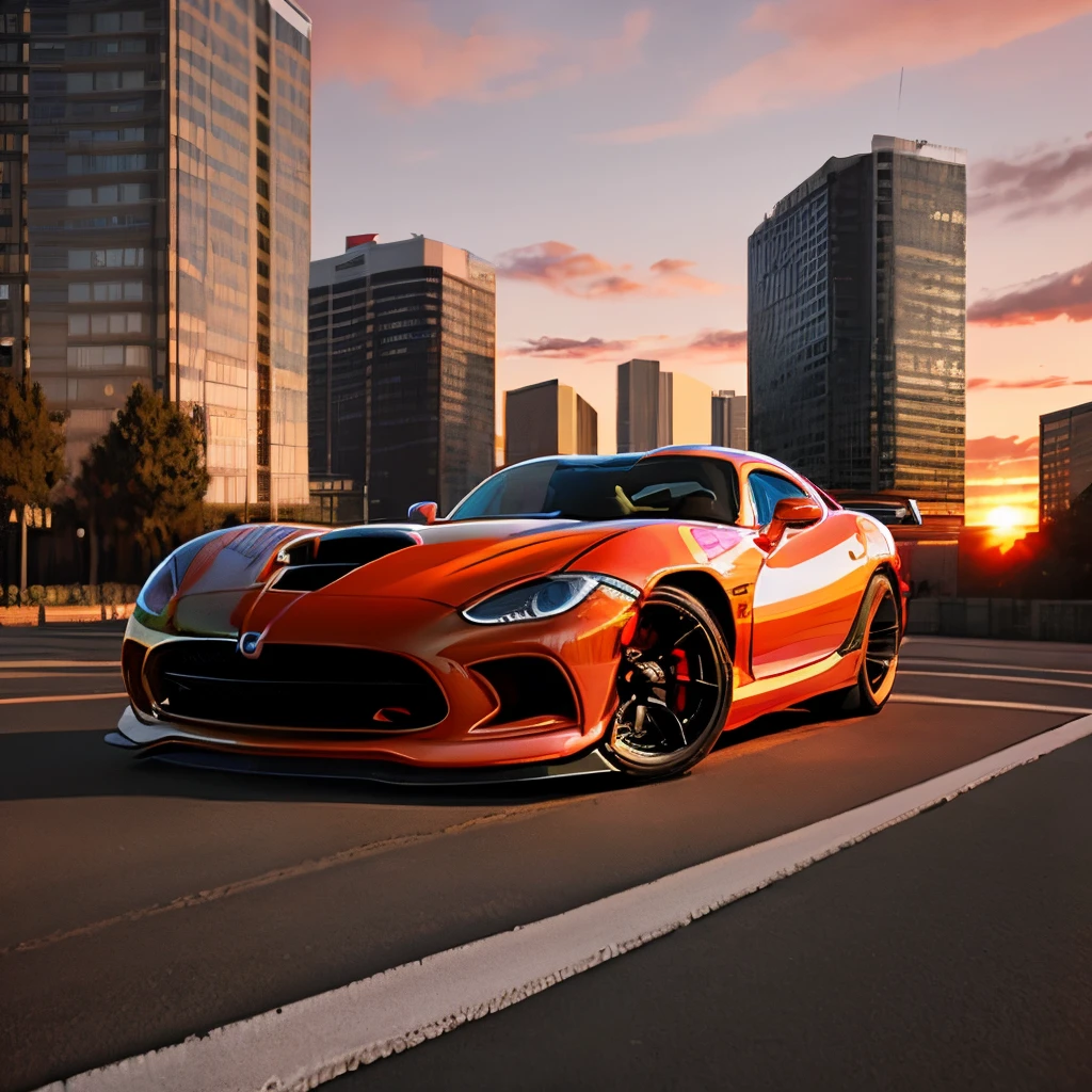 model car photography of black 2013 SRT Viper GTS in an urban city background with hot pink and orange sunset style:Realistic