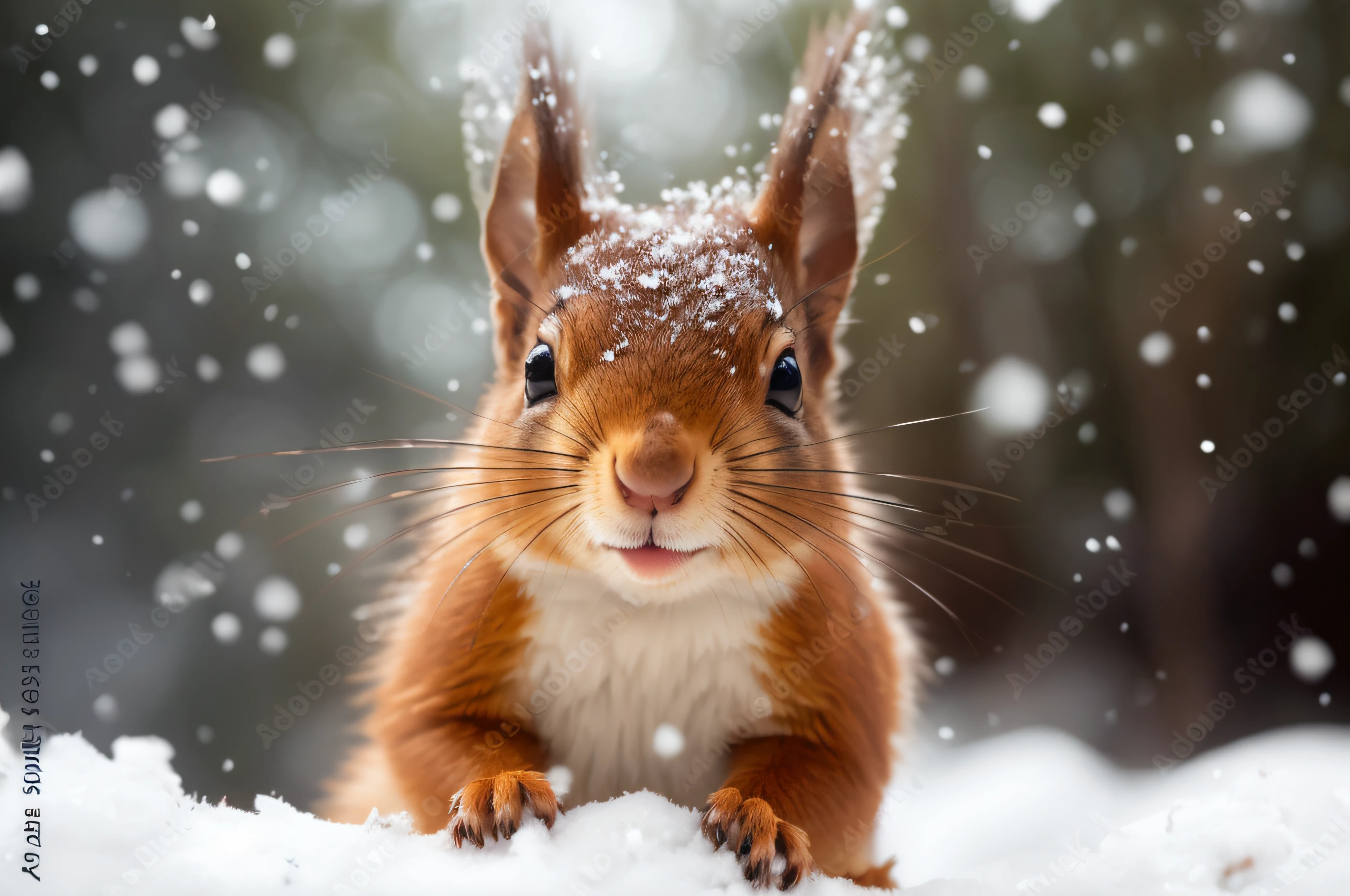 there is a squirrel that is standing in the snow, closeup of an adorable, squirrel, highly detailed photo of happy, cute animal, snow, closeup photo, closeup portrait, fotografia, in snow, canvas print, winter snow, beautiful cute, “portrait of a cartoon animal, shutterstock contest winner, portrait”, cute forest creature, close up portrait, closeup 4k