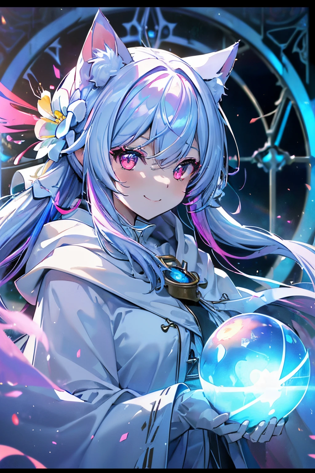 (Cat's ears:1.4)(Irridescent color、Bright pink and dark pink hair 1.4),(The length of the bangs was cut evenly,:1.3) ,(large twin tails:1.3),(Stardust Red Eyes:1.3), (perfectly detailed eyes:1.3),(angry、Smile:1.3),(Face Focus:1.3),(breast closeup:0.7), (Proudly mischievous smile:1.3),(Fun and fun,A smile:1.3),(Adventurer Wizard:1.3),(Extended Video Angle:1.4),(A wizard who manipulates fire:1.3),(dance:1.3),Her skin is pale,(Emitting an aura of light,(Face Zoom:1.3),Highest Quality, (Accurately grab the rainbow-colored magic ball:1.3),(Many blue glowing blades fly around her:1.3),Complex castle town,Lens Flare, Big rainbow,The moon shines,money, bloom, ((light glow)), chromatic abberation], Digital Painting, Insane details, Intricate details, Beautifully color graded, Anime Clothing,Unreal Engine, Cinematic , colour grading, Editorial Photography , Photography, Kiss Shot, Canon 5D Camera Photography,Shot on 70mm lens, Depth of subject, ultra sharpness, nffsw, octane, Unreal, Dramatic light, Global Illumination,Motion Picture Film,rainbow,lensflare,(Flower Window Avenue:1.3),(White priestess cloak:1.3),(Agfacolor:1.3),(close portrait:1.3),(Feminine:1.4),(Beautiful:1.4),(Attractive:1.3),Move an angle,Themed Background,（Rainbow Church Background:1.3）