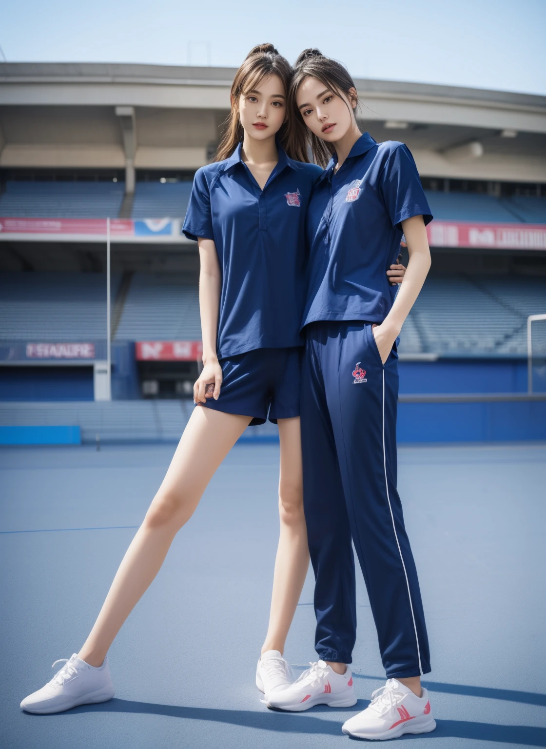 (bestquality,10,10,highres,masterpiece:1.2),ultra-detail,(Realistic,photorealistic portrait,photo-realistic:1.37),1 Cute girl in the football field,oily shiny skin,bara,light smile,BDclothes,((blue shirt:1.3)),short sleeves,shirt, trousers.,(navy_long_Pants Track:1.1), ((Stadium Background:1.3)),dynamic angle,excited,face focus,Dynamic Poses,from behide,Ass Focus,masterpiece, bestquality, ultra realistic, hyper-detail, 8k resolution, RAW photo, crisp focus, ((Navy blue shirt:1.1)), short sleeves, Long Path, Perfect body, 2 mature women, 18yo, cinematic light,Blue sweatpants,Gymware,Correct anatomy,Complete body, Correct body, sharp face, Anatomically correct body, full entire body, Realistic gestures, long-haired, Realistic poses,Wear long shorts.......................,Long leg span,Shapely,Sculpting Girl, Slender Figure, mannequin mannequins, Shapely, Beautiful body,Blue sweatpants, Two girls kissing