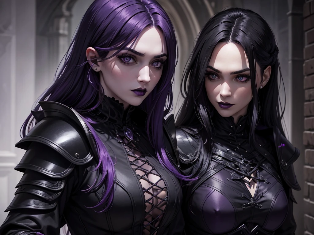 An adult vampire wizard character wearing a very detailed and beautiful gothic armor in black and purple color. Seu cabelo com corte em estilo curto, black lip color, cor roxa dos olhos;, manto, capuz, caminhando, 8k, Magnificent, Black and purple Gothic armor, capa