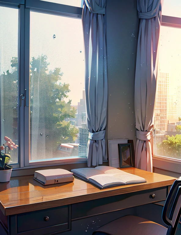 Scene picture: Desk by the window on a rainy day