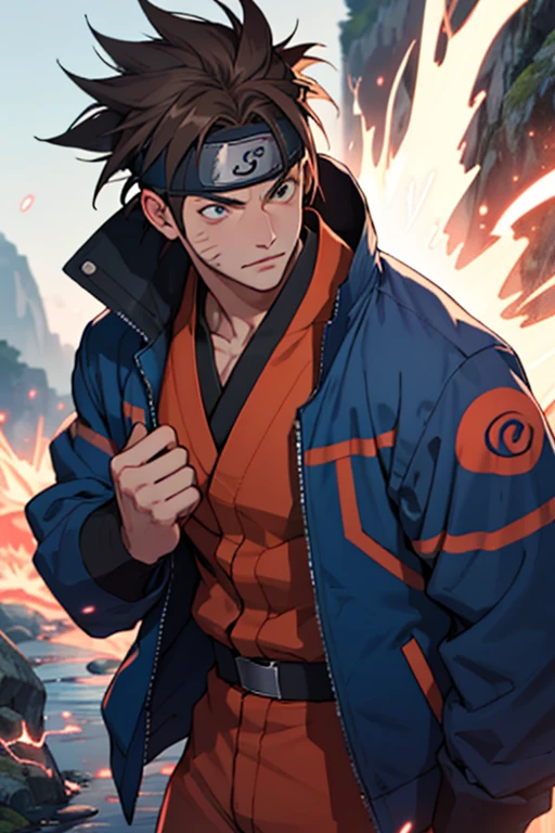 A European looking guy with messy straight brown hair, Handsome, High quality picture, With Naruto headband With beaver symbol, Blue jacket, 4K quality, In the nature, Electricity in one hand,