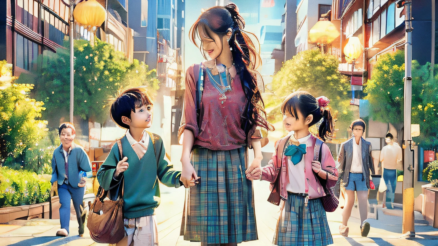 Anime scene of a woman and two children walking down the street, Manha, author:Kikukawa Sakaeyama, author:Nakamura Straight Road, Full color comic book cover, author:Yasutomo Oka, author:Okada Kita Third Line, offcial art, published art, digital manga art, Shoujo Mangacore, author:Nobusada Yanagawa