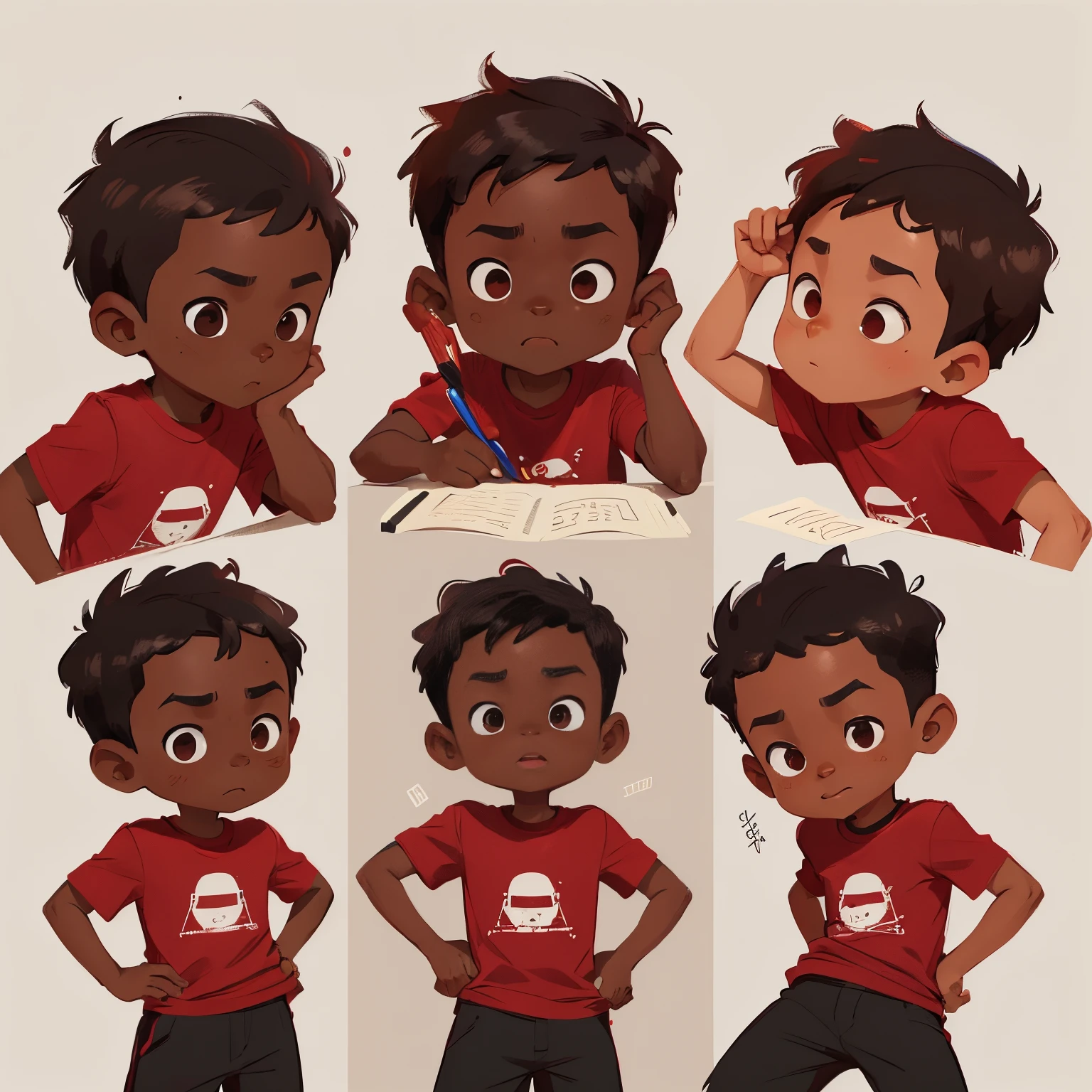 create a  african boy, dark skin, wearing red t-shirt and black pant, multiple poses and multiple face expressions, character design, concept design sheet, white background, sketch, colorful, artgerm