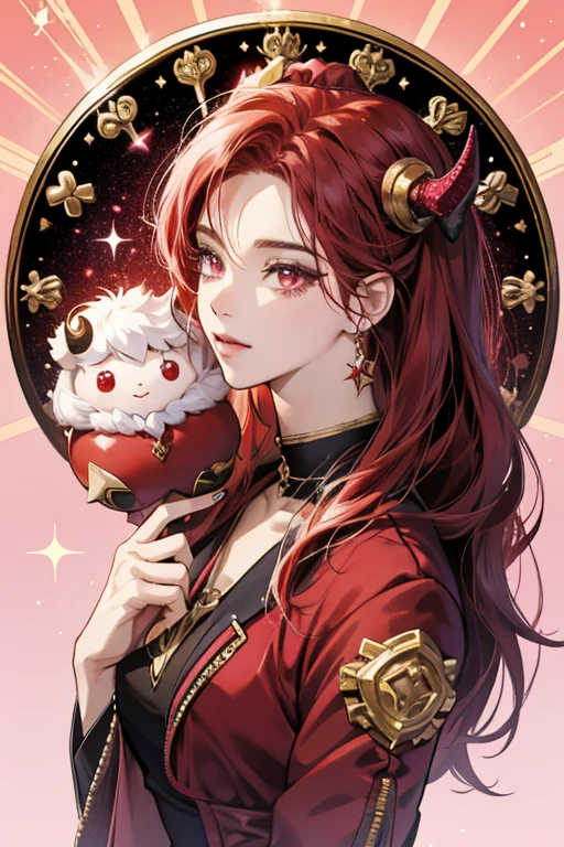 anime style; 3d; glitter; horoscope sign Aries diva; color red; Ram details; ♈ symbol; garnet stone;