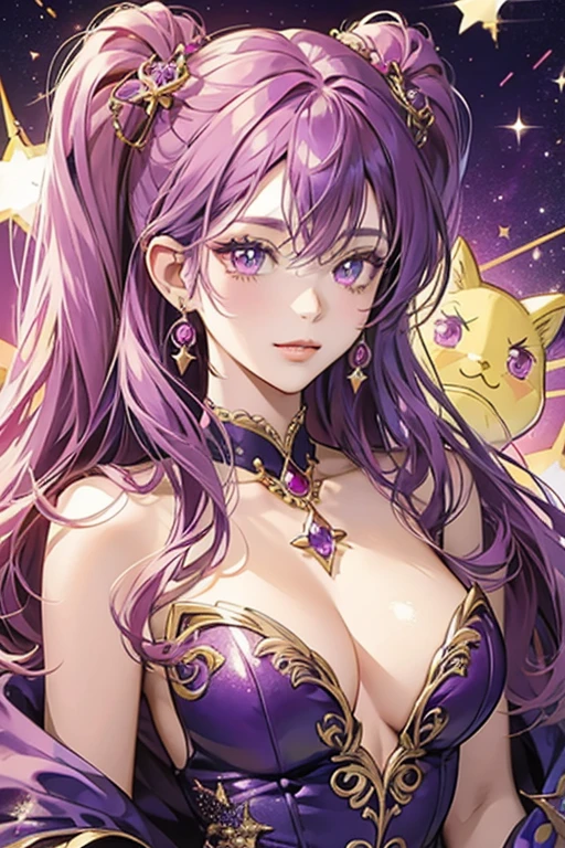 anime style; 3d; glitter; horoscope sign Gemini diva; color purple; Twins details; ♊ symbol;  alexandrite stone;