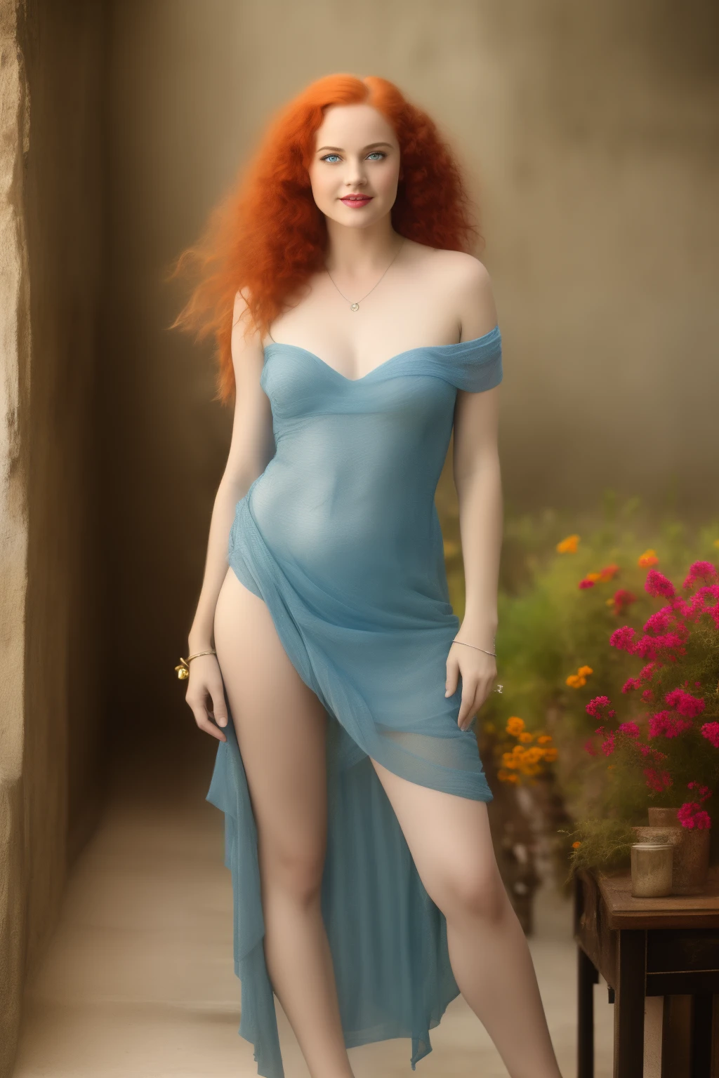 1girl, , long red hair, messy hair, blue eyes, clear dress, happy, no bra, no knickers, , looking at viewer, smiling, see through dress, erect nipples, big nipples, no pubic hair, camel toe, shaved pubis, swedish, edgy clothes, dark lipstick, spiky, interesting face, 50 to 60 years old, middle aged, average looking, wearing an off shoulder dress, plain background, vintage pinup,
(busty:0.1),  (chubby:1.0), (sensual:1.0), (Hyperrealism:1.0), (gothic:0.1), (masterpiece:1.0), (photorealistic:1.2), 
Steampunk, ultra sharp, Ultra HD, 8k, hi-res, photo realism, dynamic lighting, ARRI ALEXA 65, 50mm lens