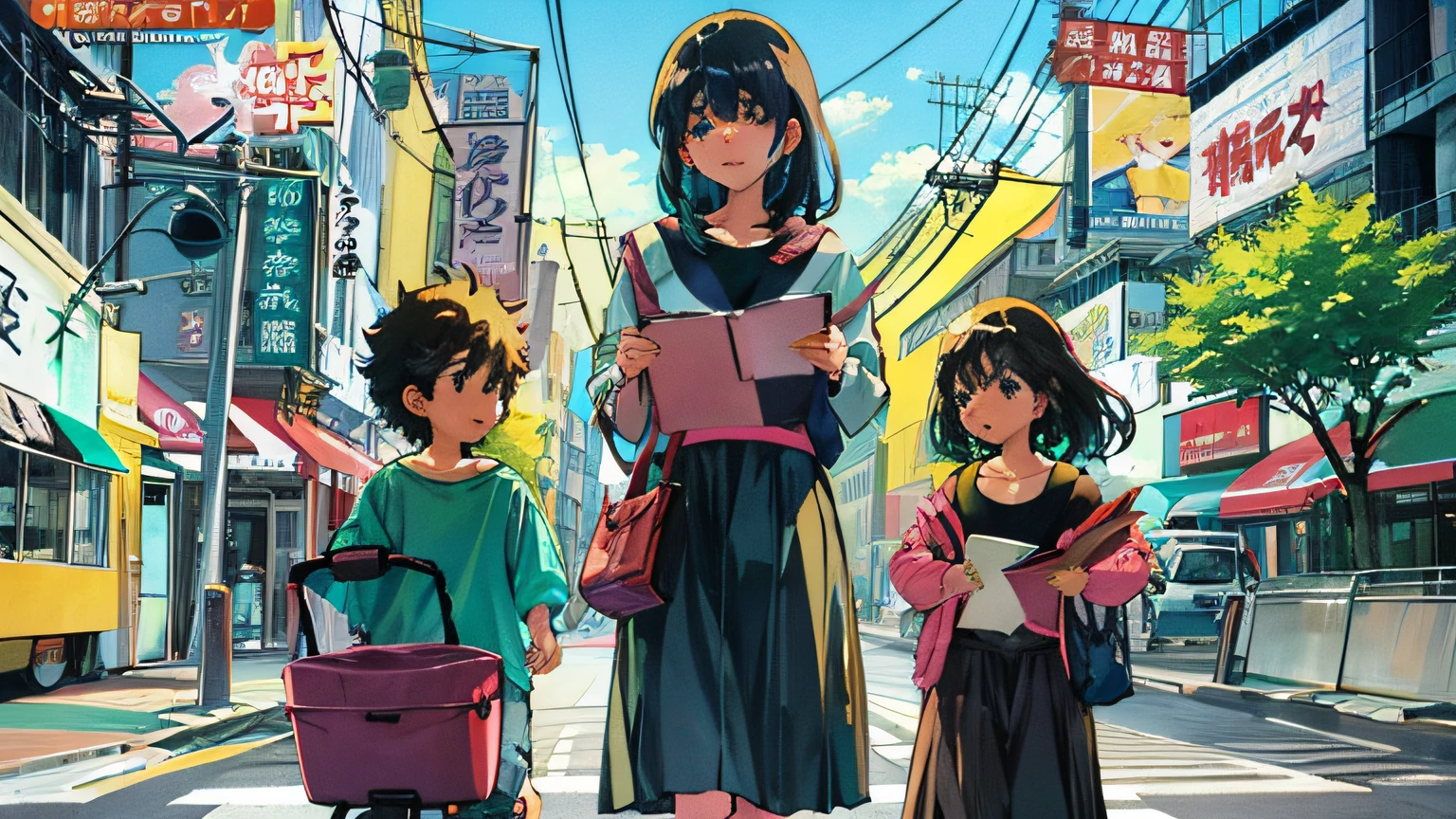 Anime scene of a woman and two children walking down the street, Manha, author：Kikukawa Sakaeyama, author：Nakamura Straight Road, Full color comic book cover, author：Yasutomo Oka, author：Okada Kita Third Line, offcial art, published art, Shoujo Mangacore, digital manga art, author：Nobusada Yanagawa