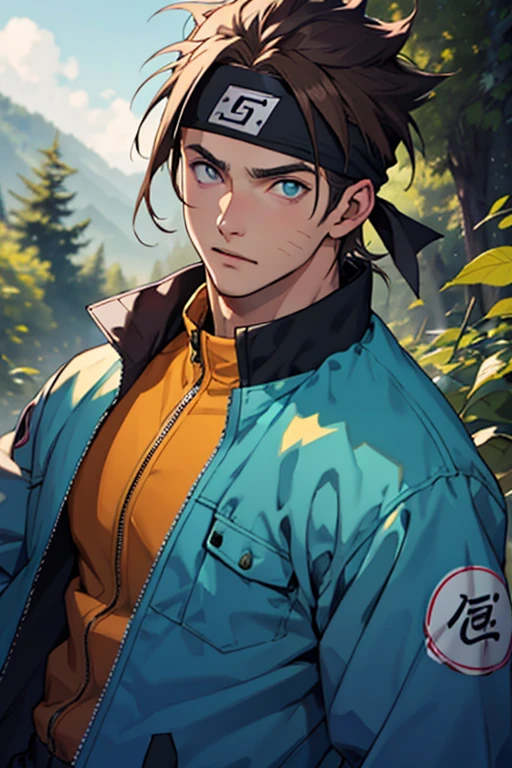 A European looking guy with messy straight brown hair, Handsome, High quality picture, With Naruto headband With beaver symbol, Blue jacket, 4K quality, In the nature, nice clear eyes